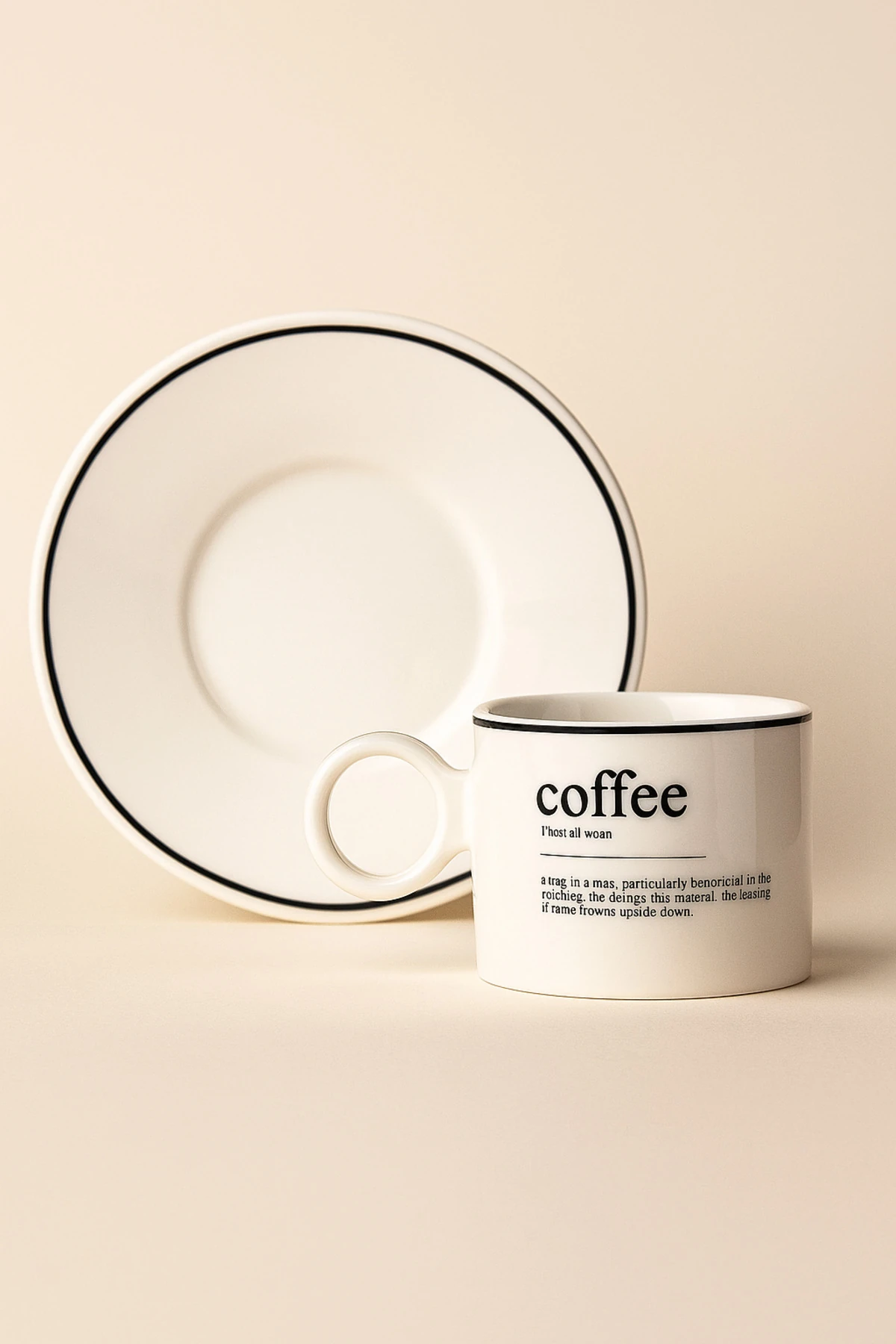 2’li Modern Porselen Kahve Fincanı ve Tabak Seti | Minimal Siyah Çizgili