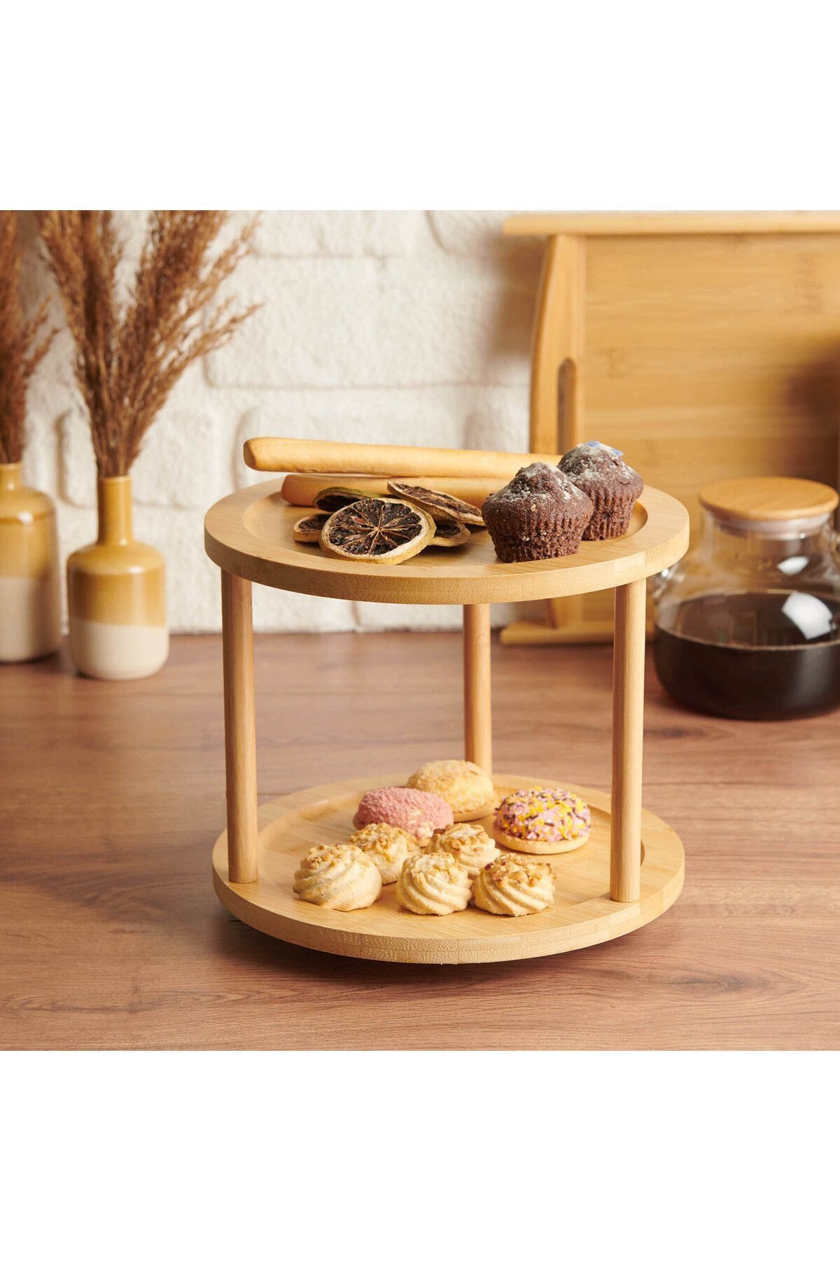 360 Döner Standlı Bambu Sunumluk Organizer-2 Katlı Baharatlık Düzenleyici Stand