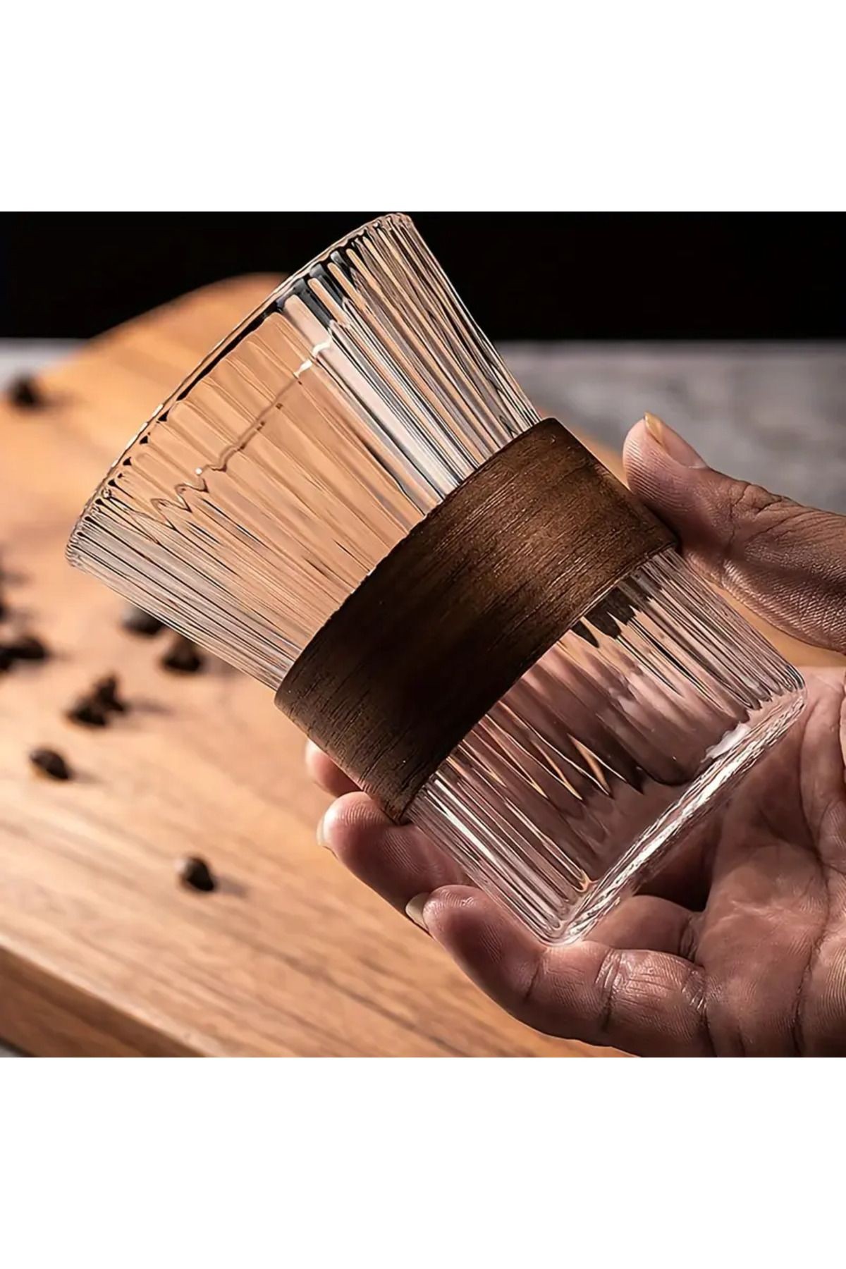 2'li Ahşap Detaylı Origami Cam Bardak - Isıya Dayanıklı Borosilikat Kahve ve Sunum Bardağı 350ML