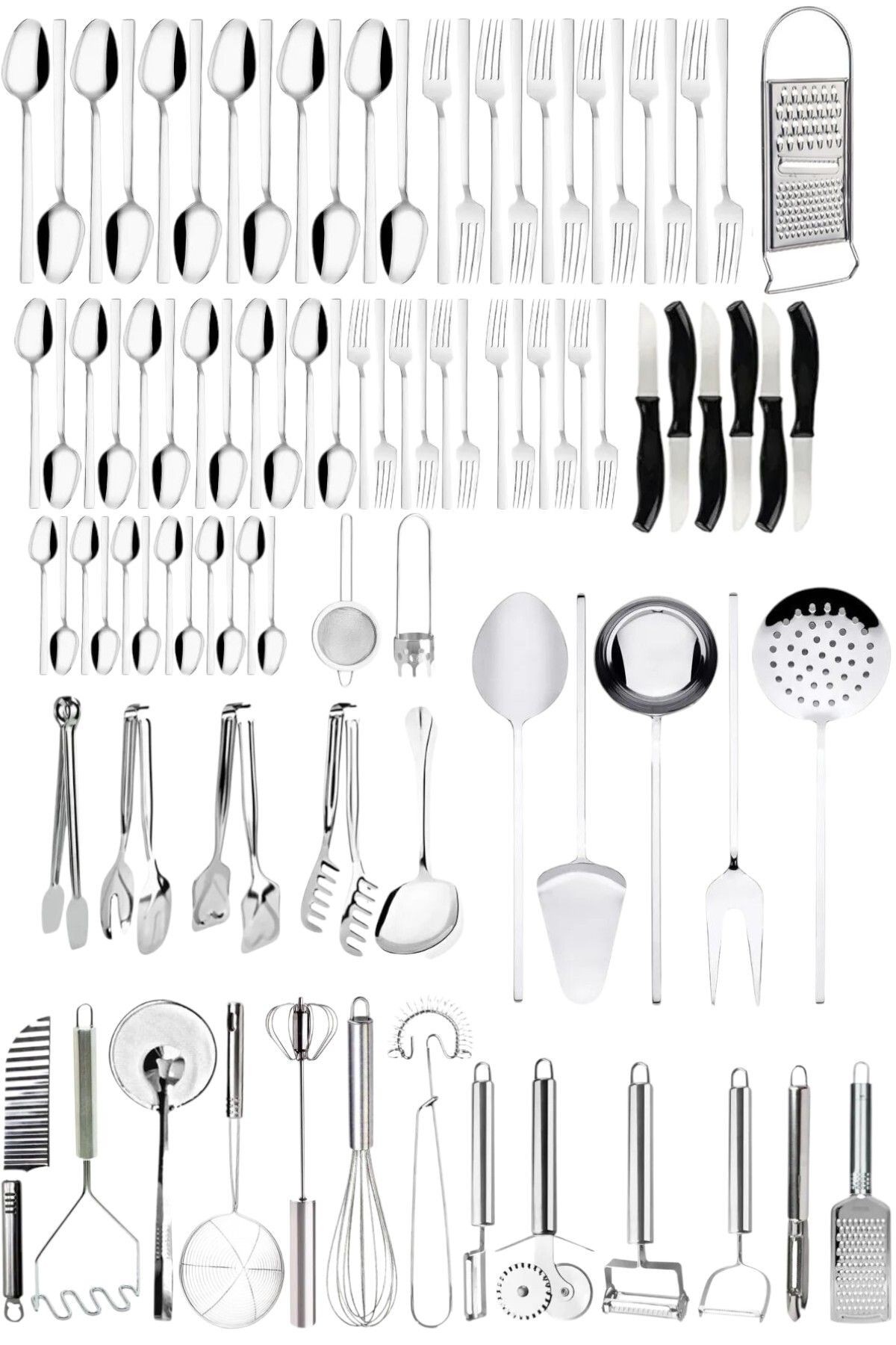 92 Parça Günlük Kullanım Mutfak Çatal Kaşık Bıçak Seti + Metal Mutfak Gereçleri