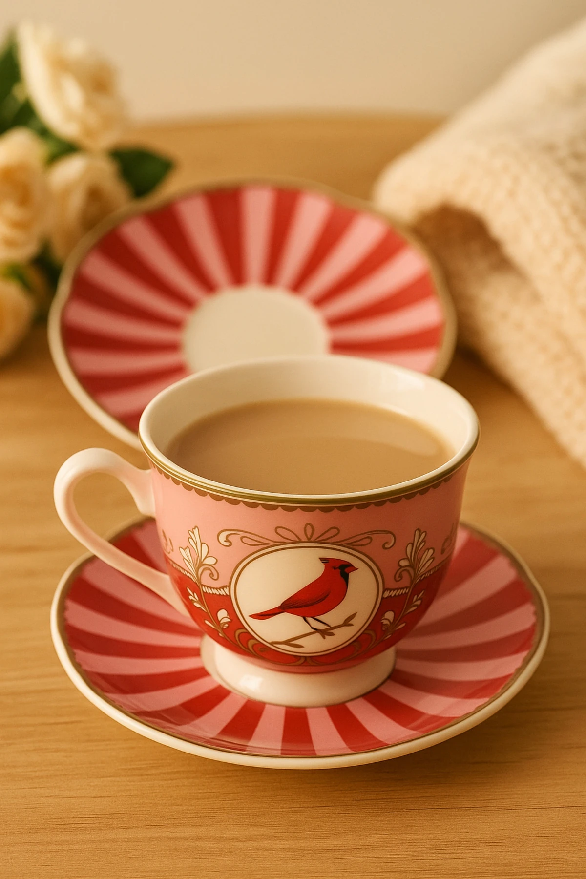 2’li Kuş Figürlü Porselen Kahve Fincanı & Tabak Seti – Desenli
