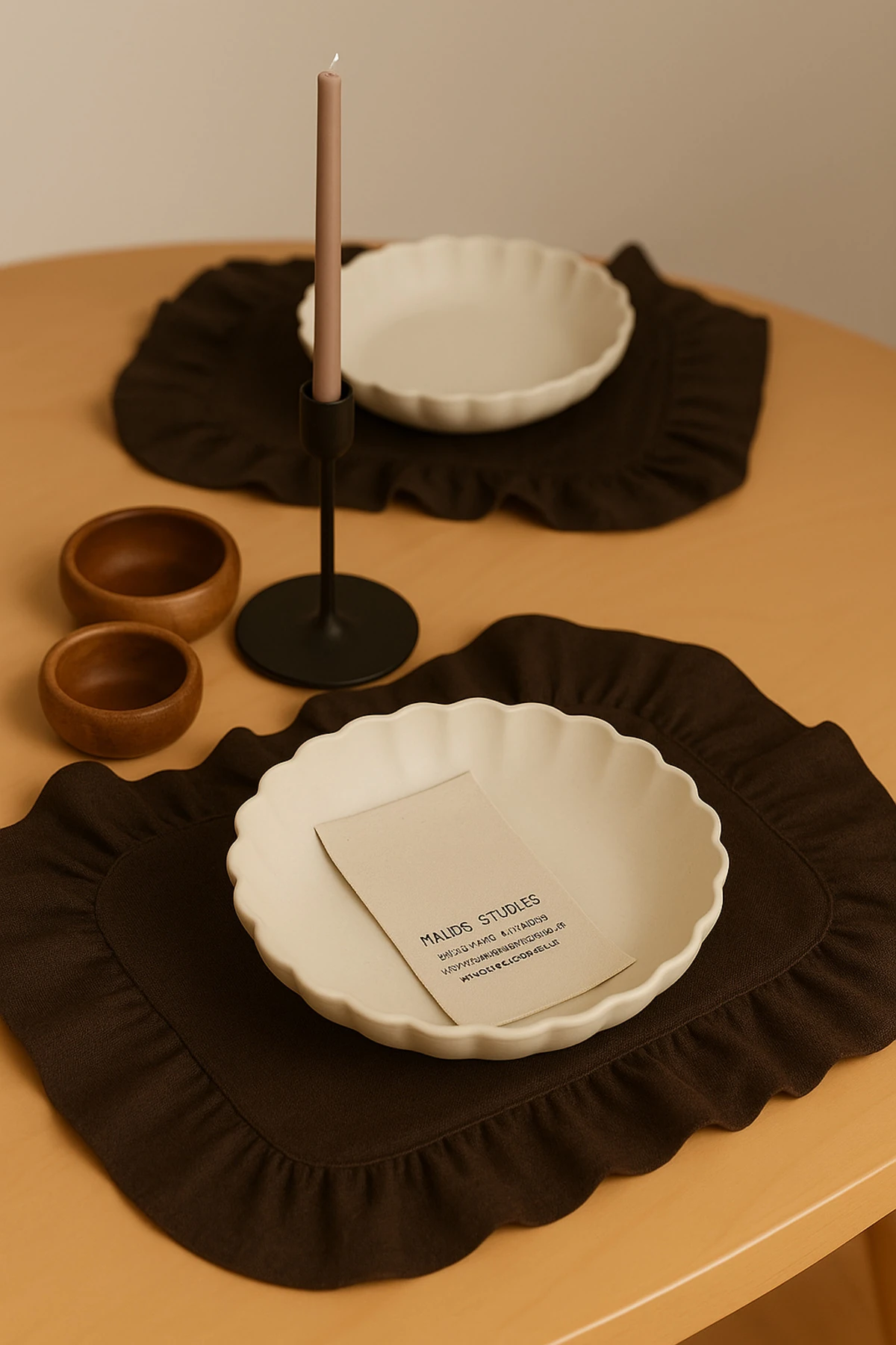 6'lı  Fırfırlı Pamuk Keten Amerikan Servis - Keten Supla - 4 Kenar Fırfırlı - Kahverengi