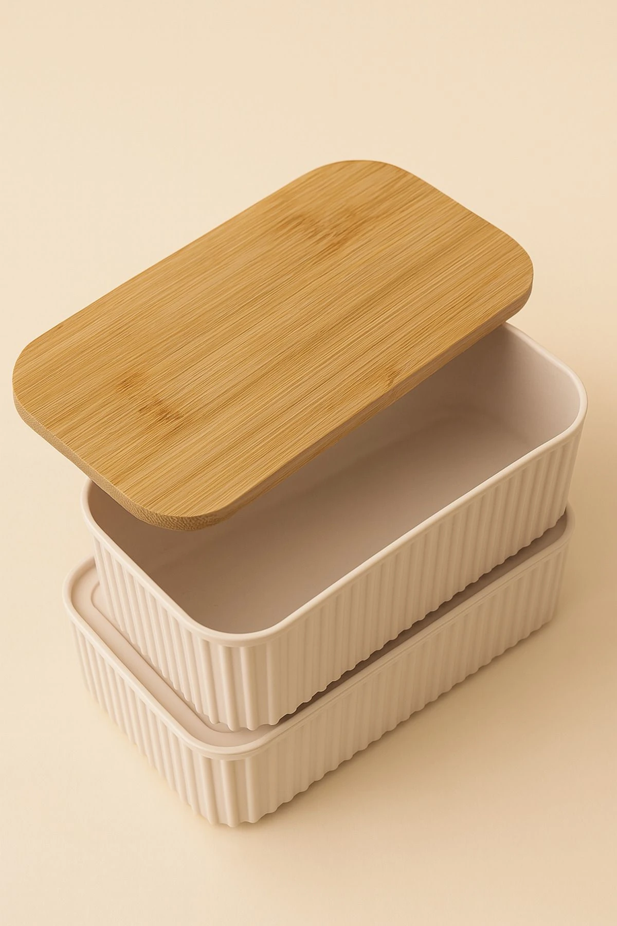 İkili Bambu Kapaklı Saklama Kabı – Taşınabilir Yemek Kabı Seti - krem2