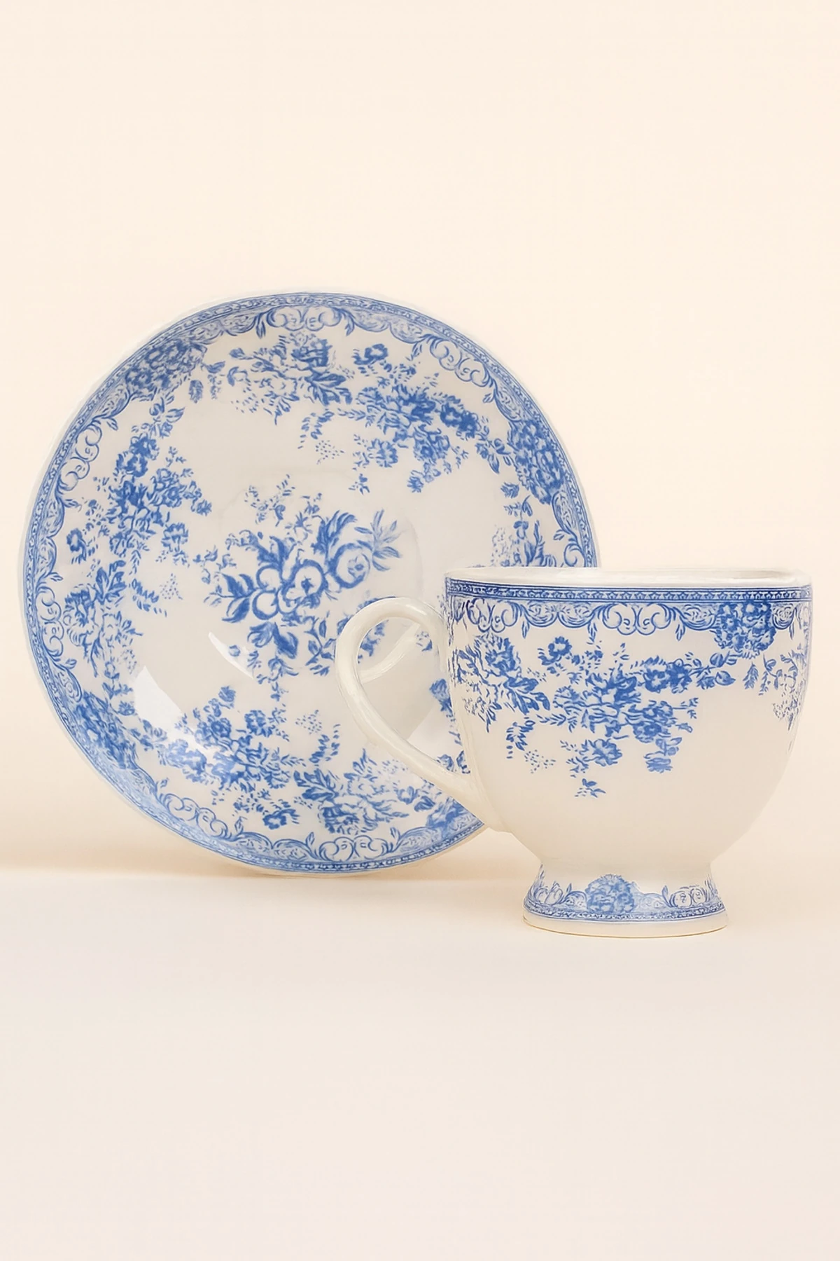 2’li Floral Desenli Porselen Kahve Fincanı ve Tabak Seti – Vintage Kahve Takımı - mavi