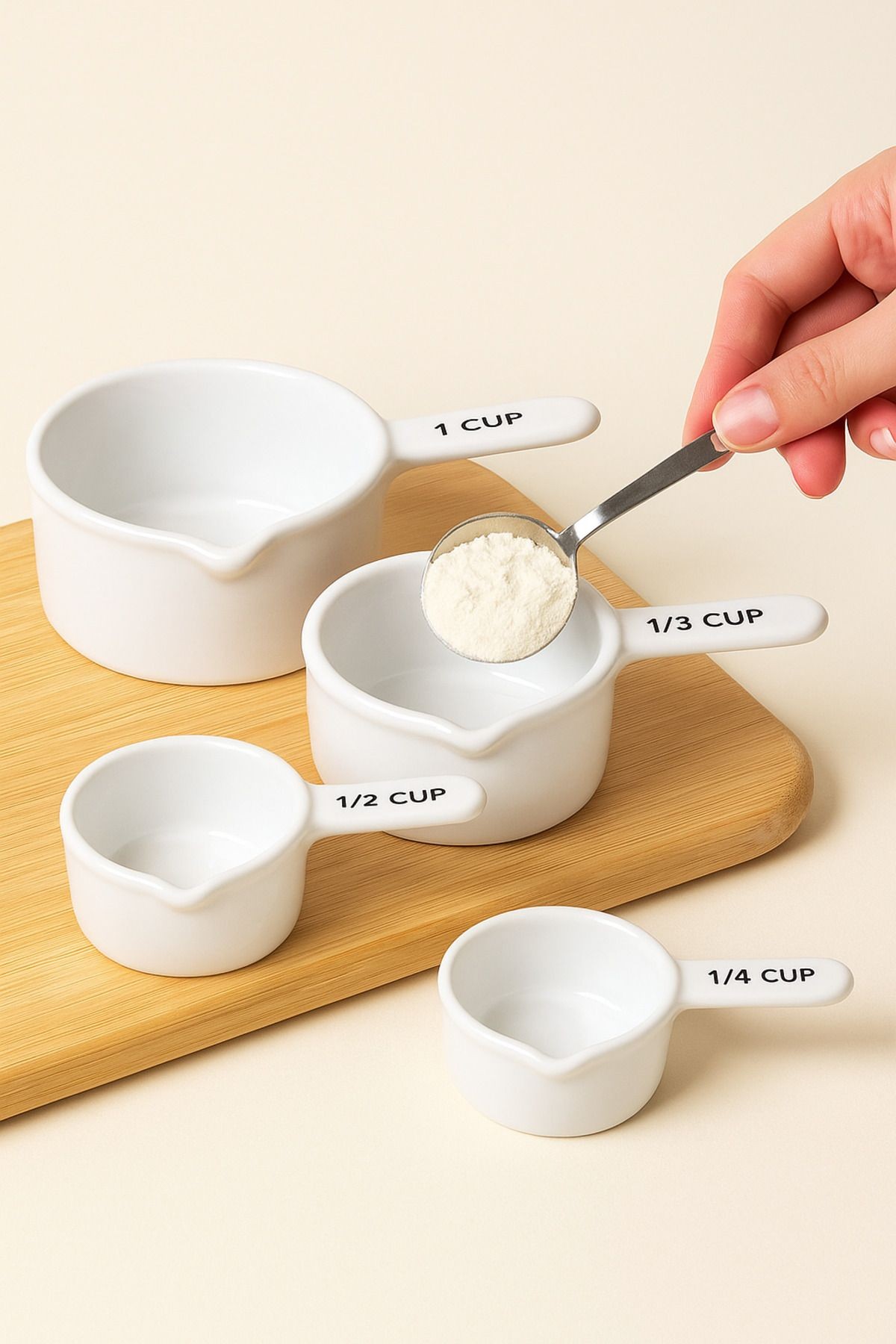 4'lü Seramik Ölçü Kabı Seti – Beyaz Cup Ölçek Kaşıkları