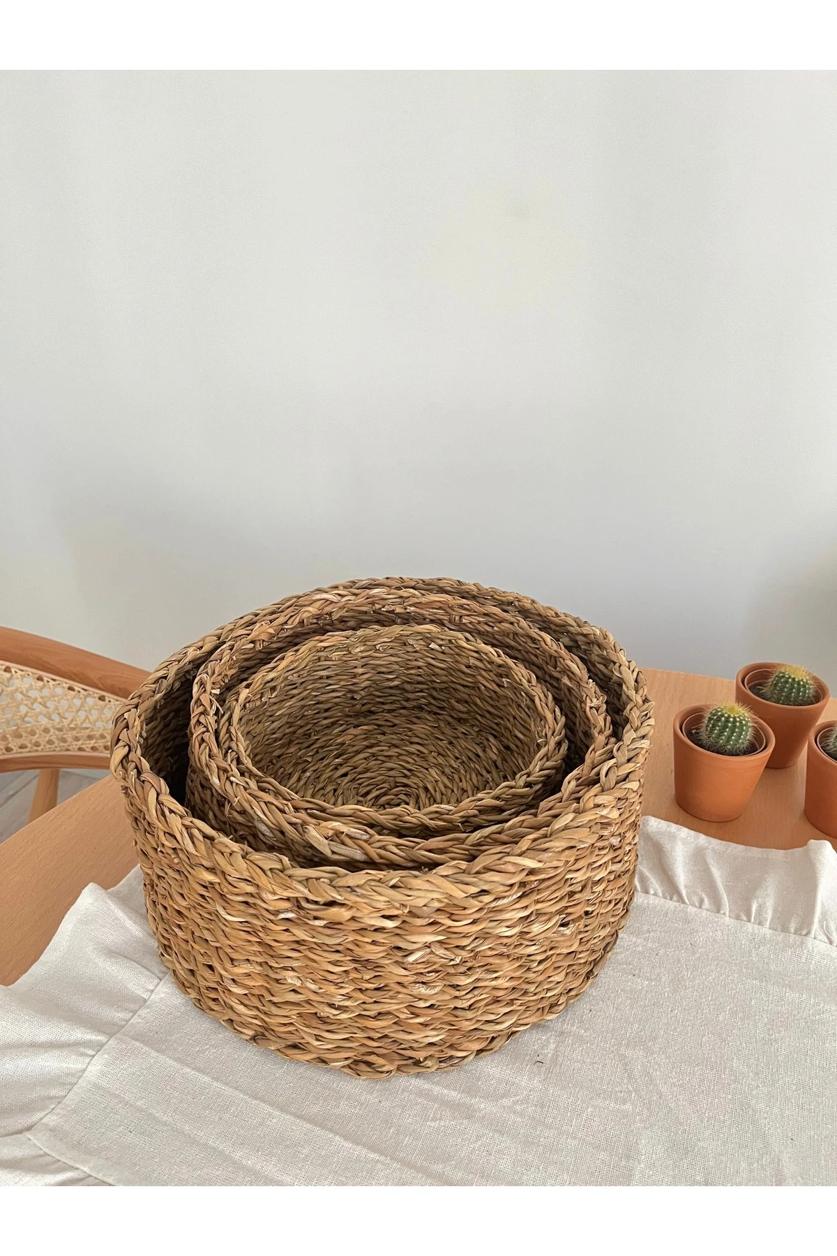 Doğal Yuvarlak Hasır Sepet Seti - 3'lü Hasır Sepet