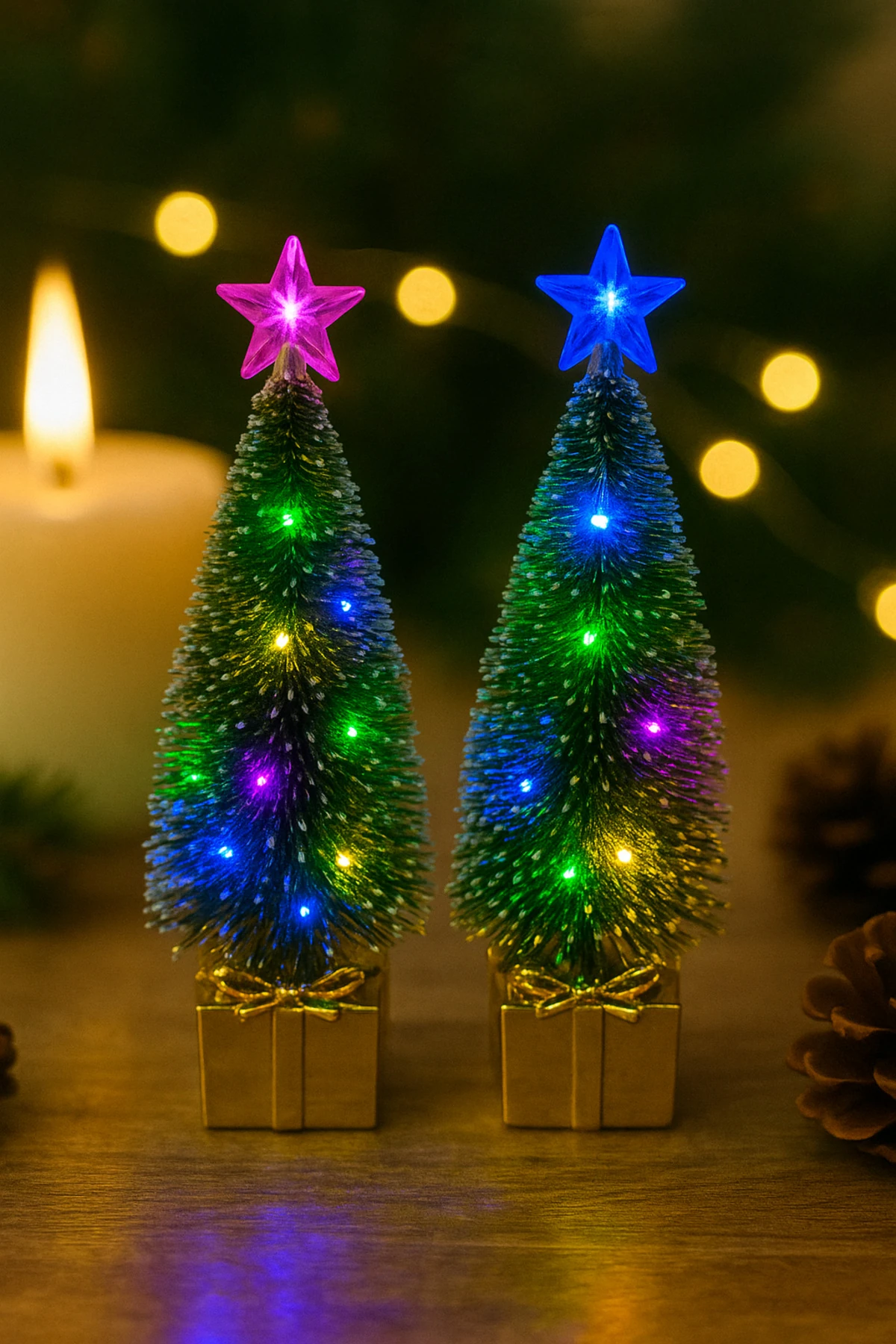 2’li Işıklı Mini Çam Ağacı Dekor – Yılbaşı Masa Süsü ve Hediyelik - altın