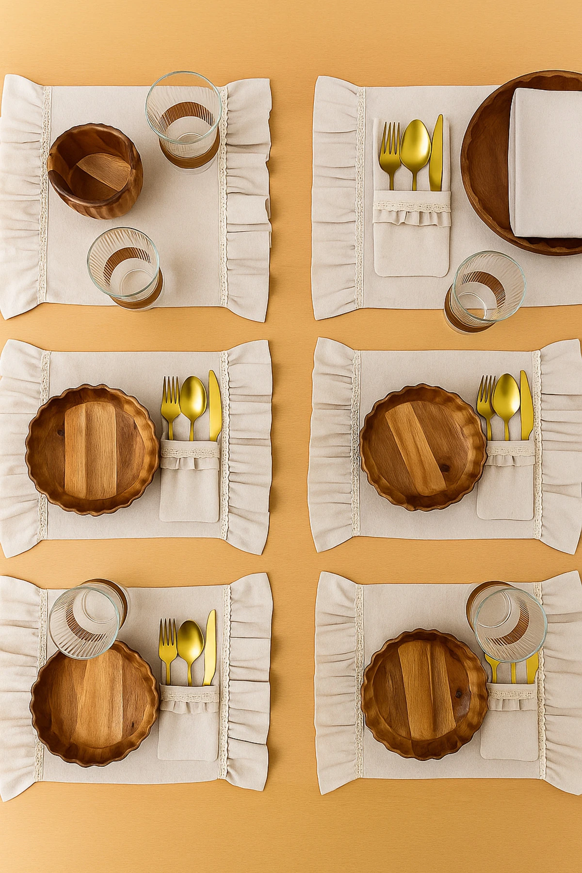 6’lı Fırfırlı Fistolu Amerikan Servis ve Kaşıklık Seti | Keten Masa Takımı