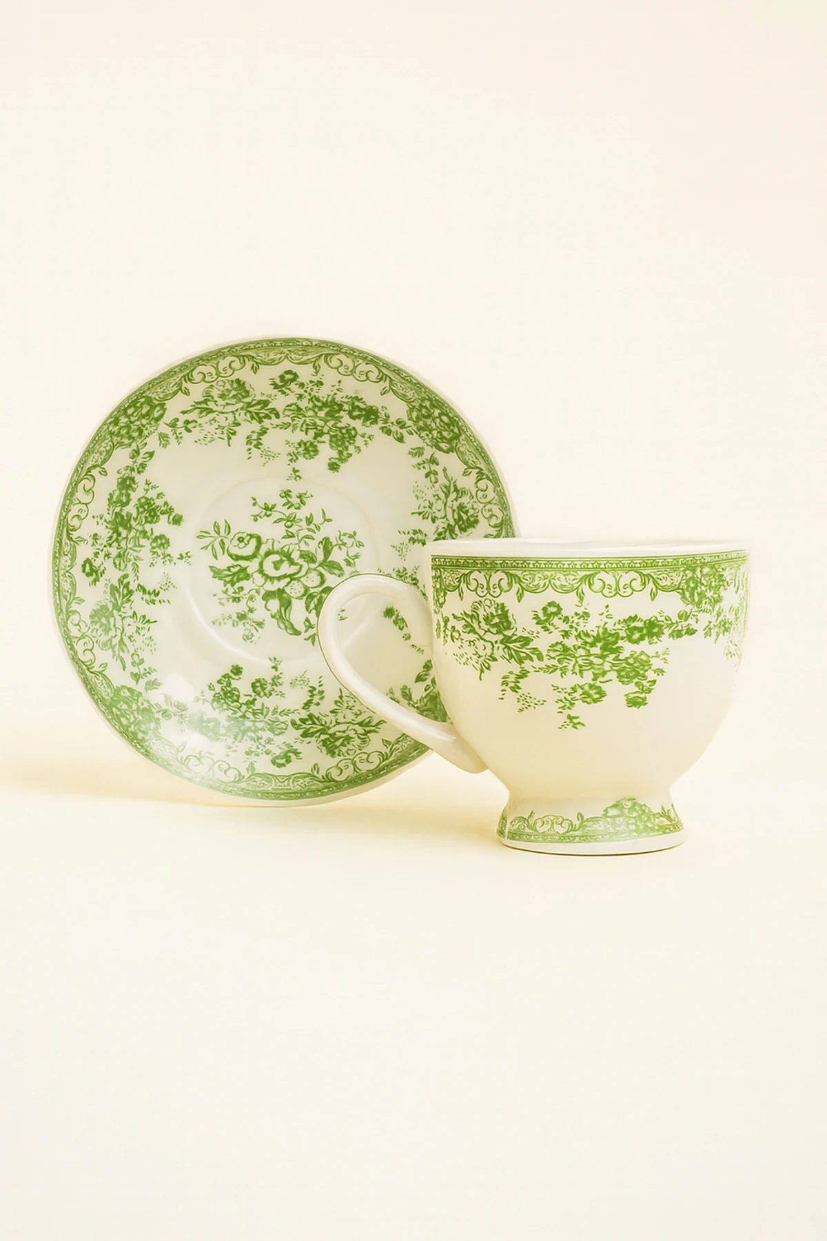 2’li Floral Desenli Porselen Kahve Fincanı ve Tabak Seti – Vintage Kahve Takımı - Yeşil