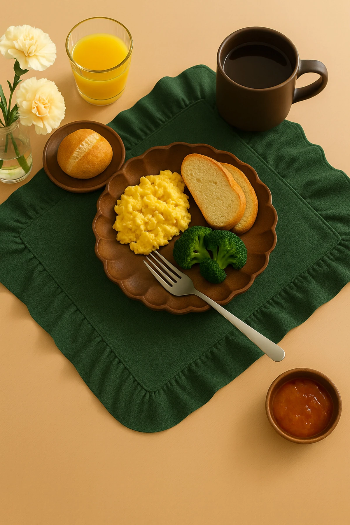 6'lı  Fırfırlı Pamuk Keten Amerikan Servis - Keten Supla - 4 Kenar Fırfırlı - Yeşil