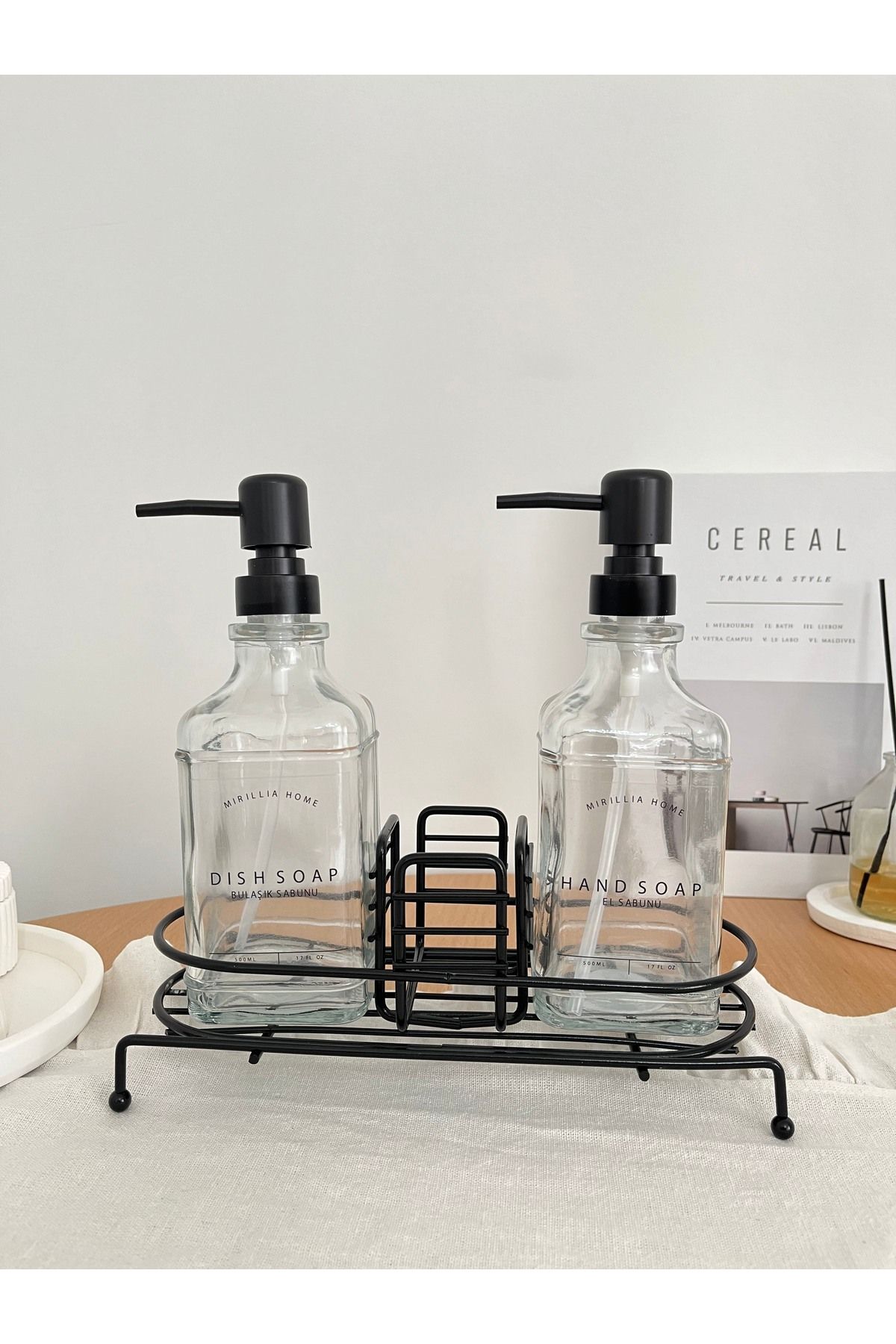 Metal Standlı İkili Cam Sabunluk Seti – 500 ml Sıvı Sabunluk ve Süngerlik - siyah
