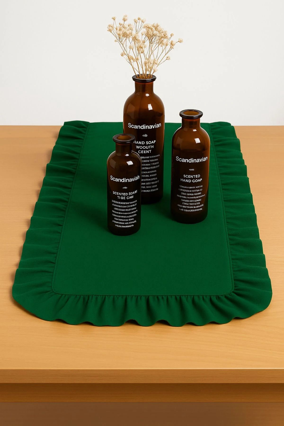 Fırfırlı Biyeli Keten Runner | Doğal Fırfırlı Runner - Sofra Dekorasyonu Için Şık Tasarım - Yeşil