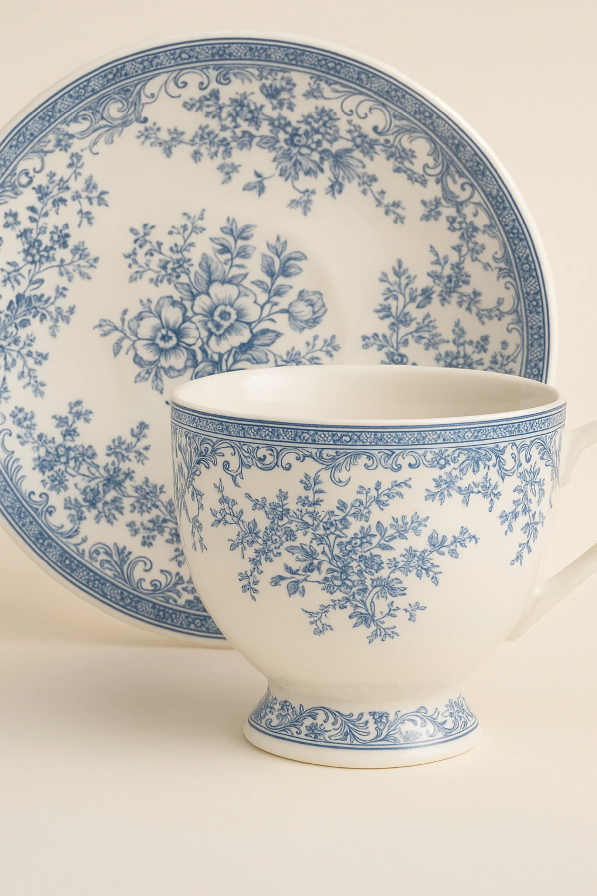 2’li Floral Desenli Porselen Kahve Fincanı ve Tabak Seti – Vintage Kahve Takımı - mavi