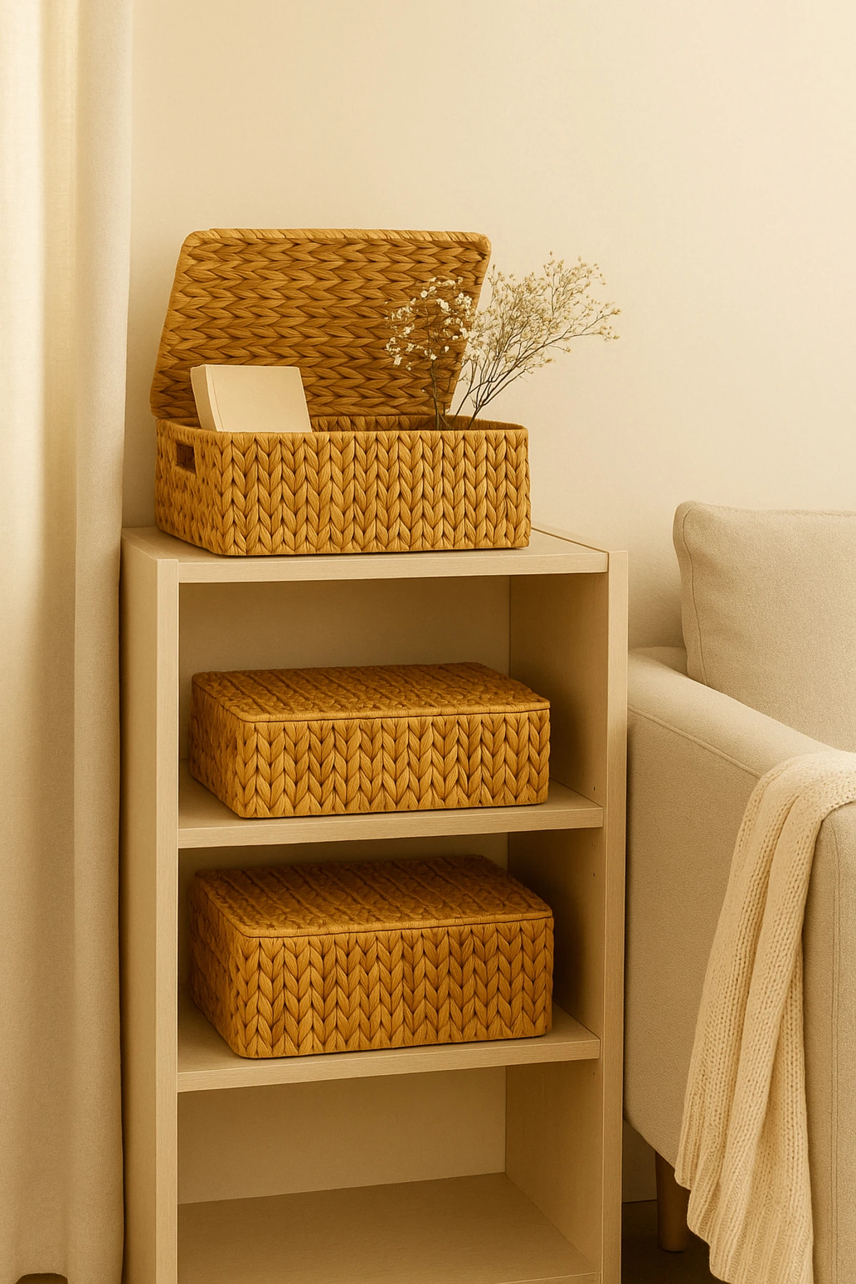 Kapaklı Doğal Hasır Sepet Seti | 3’lü Düzenleyici Kutular – El Örgüsü, Dekoratif ve Fonksiyonel