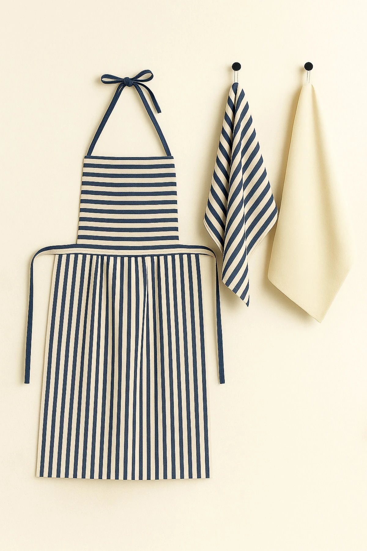 3’lü Çizgili Keten Mutfak Önlüğü ve Kurulama Bezi Seti - Lacivert