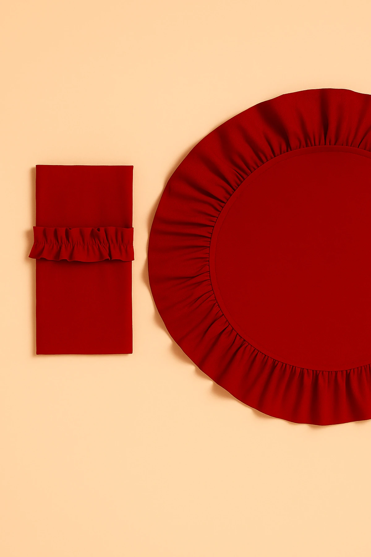 12’li Kırmızı Ham Keten Sofra Seti – Fırfırlı Amerikan Servis ve Kaşıklık / Peçetelik