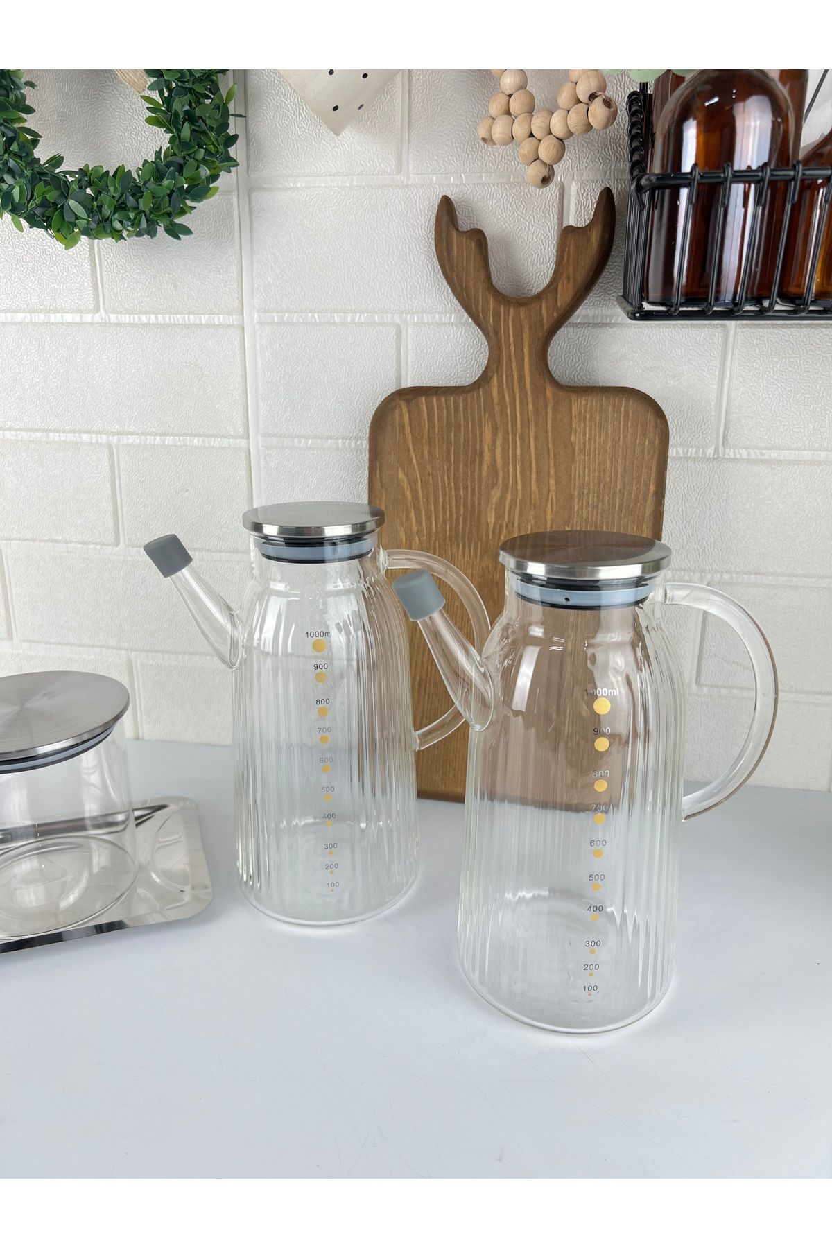 2'li Cam Metal Kapaklı Damlatmaz Yağdanlık – Borosilikat Yağlık ve Sirkelik