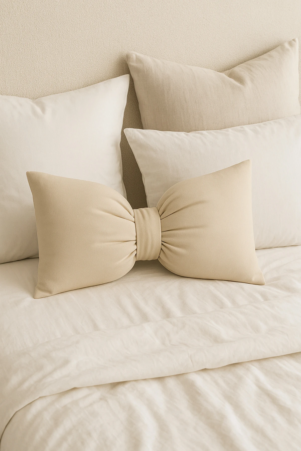 Fiyonklu Bej Kırlent | Silikon Elyaf Dolgulu Dekoratif Yastık