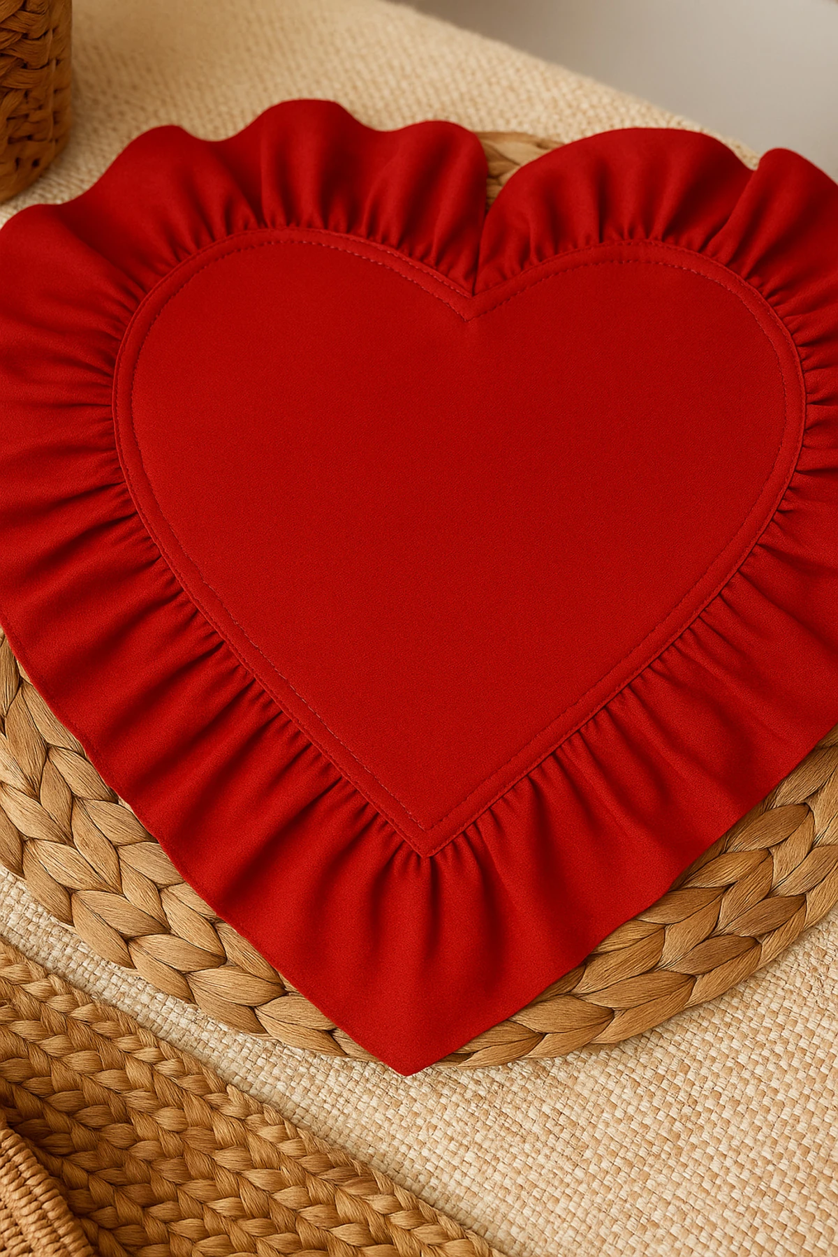 2’li Fırfırlı Kalp Amerikan Servis – Duck Keten Su Tutmaz Masa Sunum Seti - kırmızı