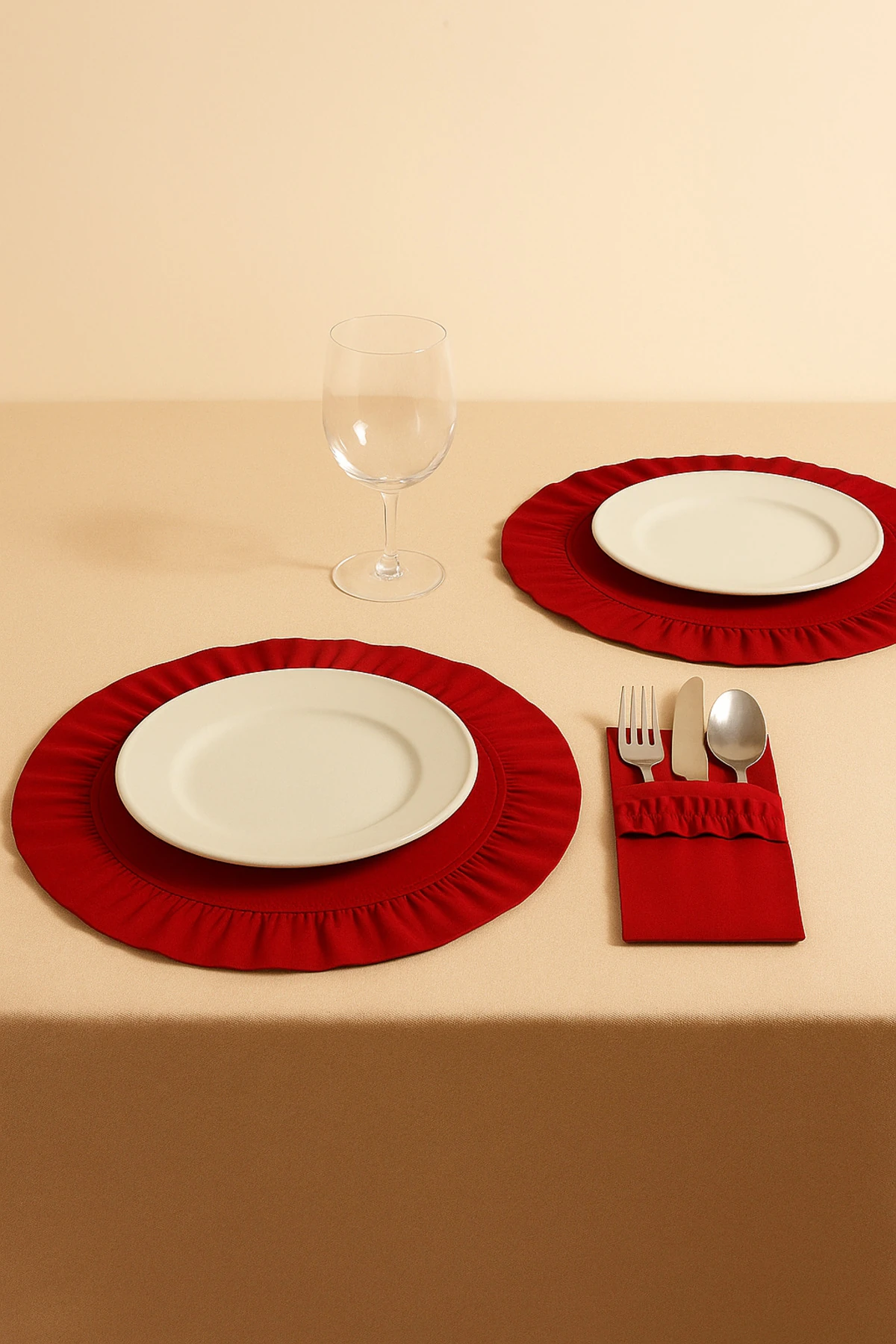 12’li Kırmızı Ham Keten Sofra Seti – Fırfırlı Amerikan Servis ve Kaşıklık / Peçetelik