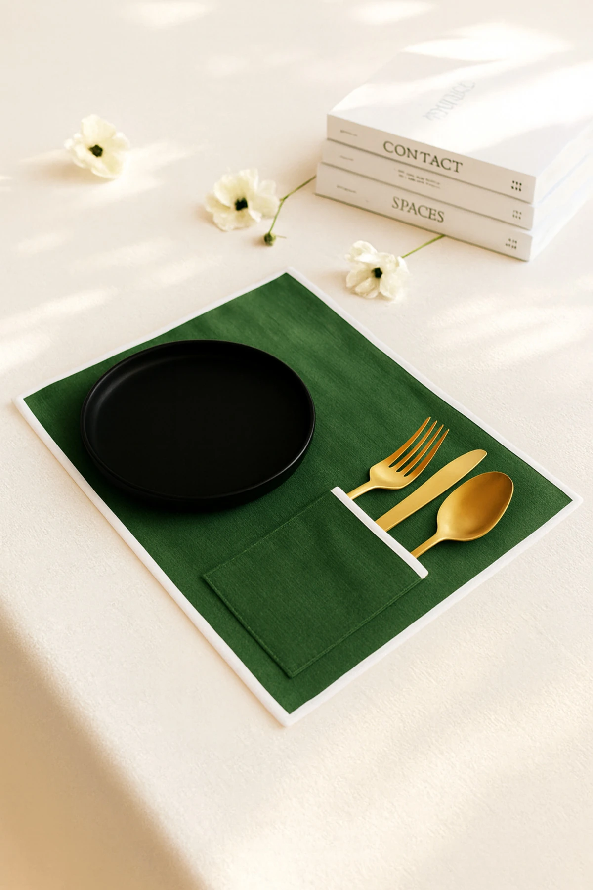 6'lı Biyeli Amerikan Servis Seti | Cep Detaylı Şık Sofra Altlığı - Yeşil