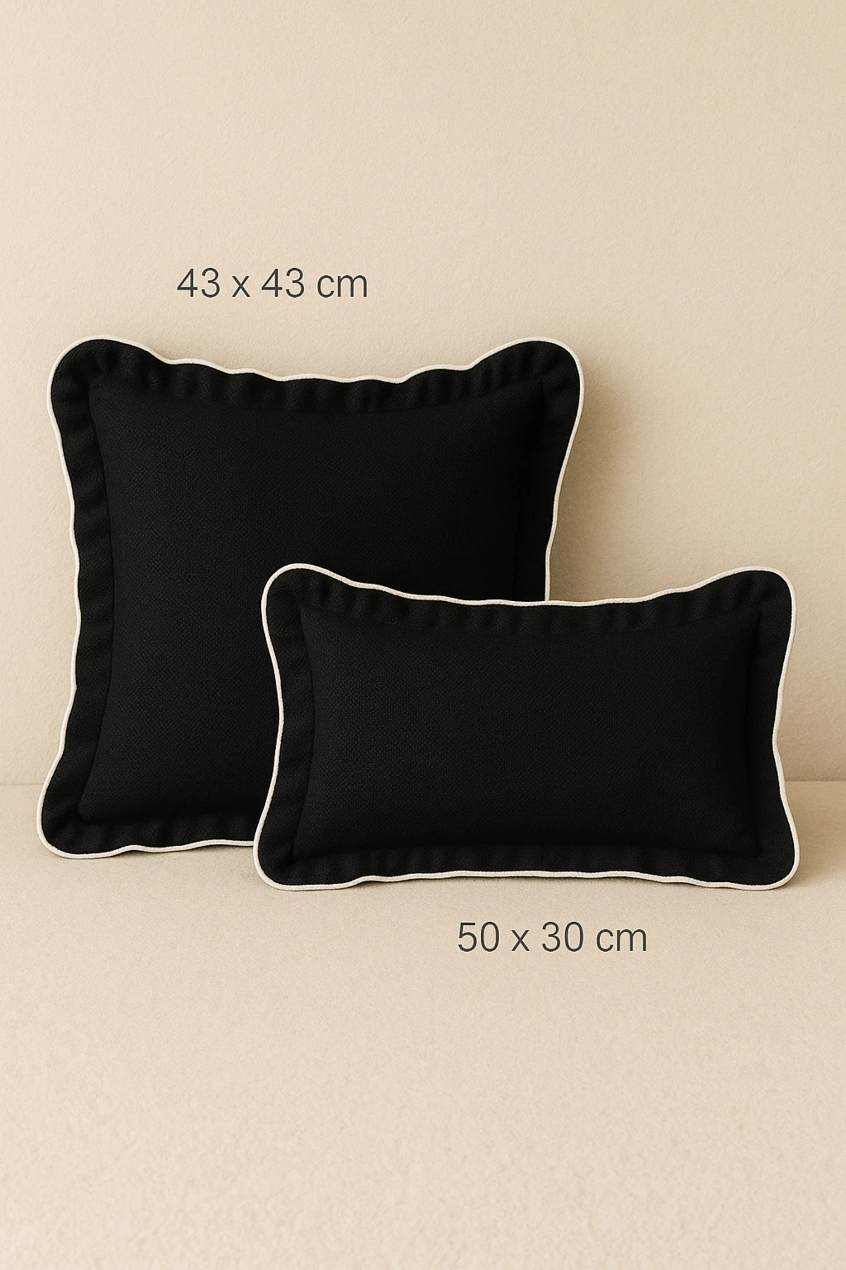 Biyeli Fırfırlı Kırlent Kılıfı - Dekoratif Yastık Kılıfı - Siyah