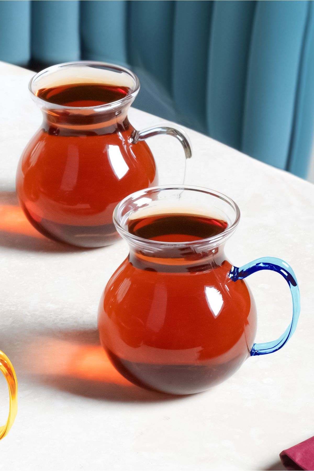 6'lı Keyfi Ala Çizgili Borosilikat Cam Kulplu Çay Bardağı 220ml Bardak -  6 Farklı Kulp Rengi