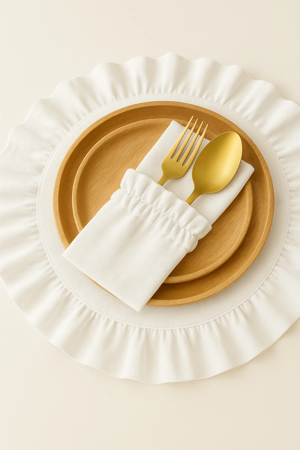 2 Adet Fırfırlı Ham Keten Kaşıklık / Peçetelik – Çatal Kaşık Kılıfı - Beyaz