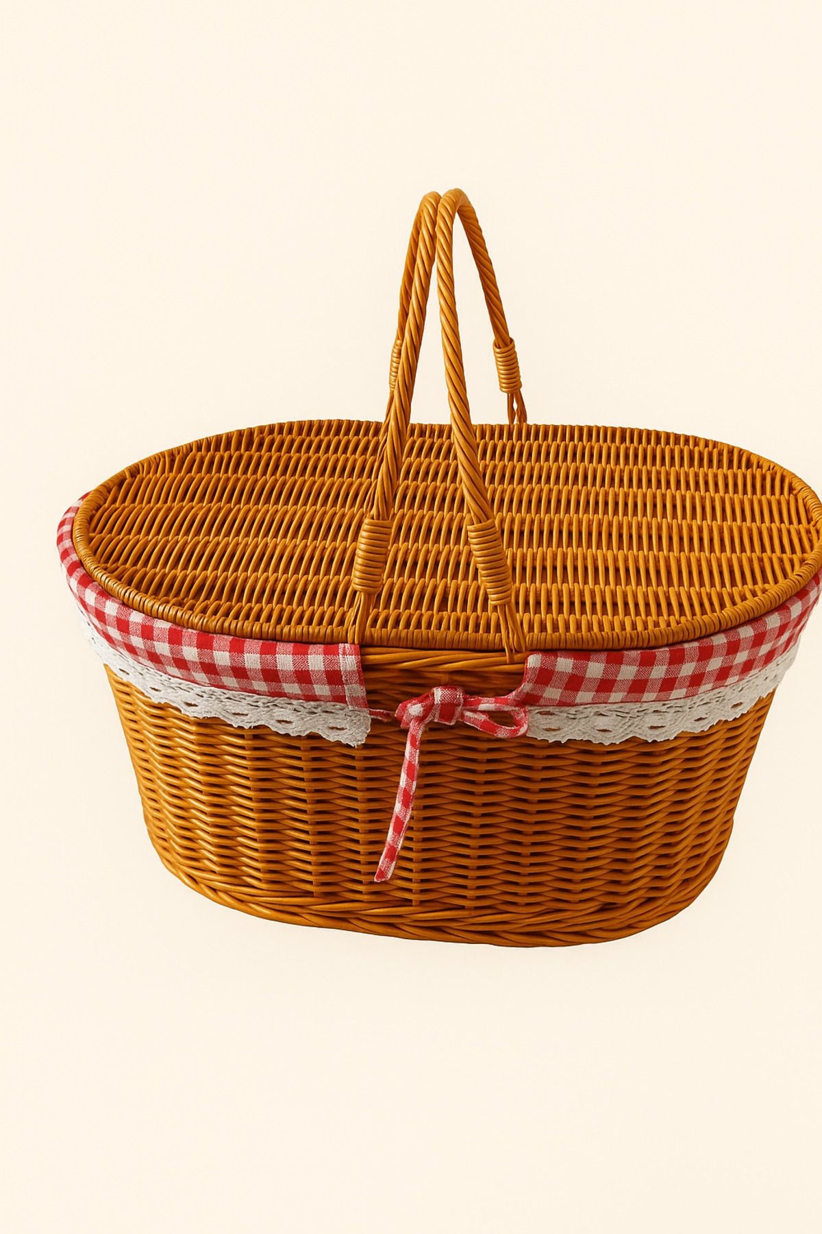 Kapaklı Rattan Piknik Sepeti Kulplu Vintage Dantelli Sepet 40x25x18 cm