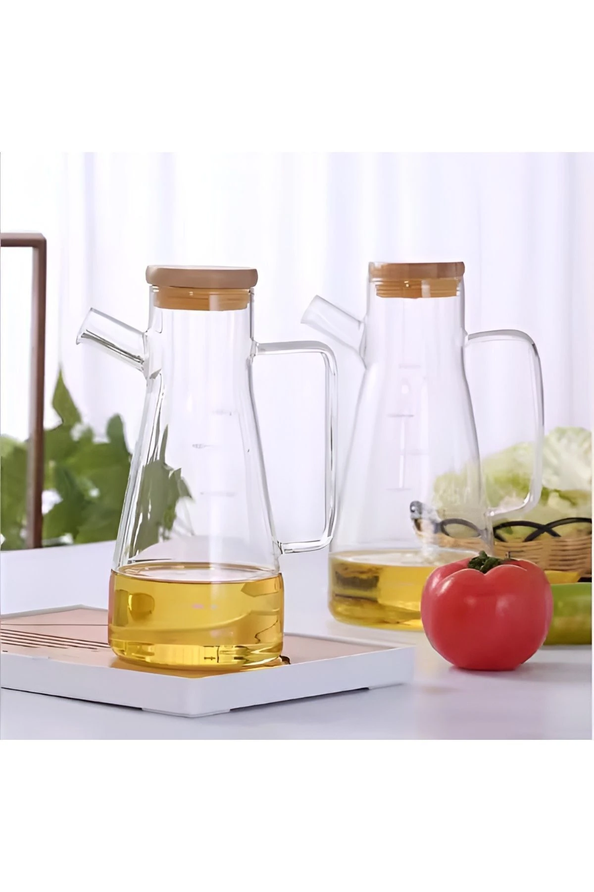 Bambu Kapaklı Borosilikat 2'li Yağlık 900ml - Bambu Kapaklı Yağdanlık