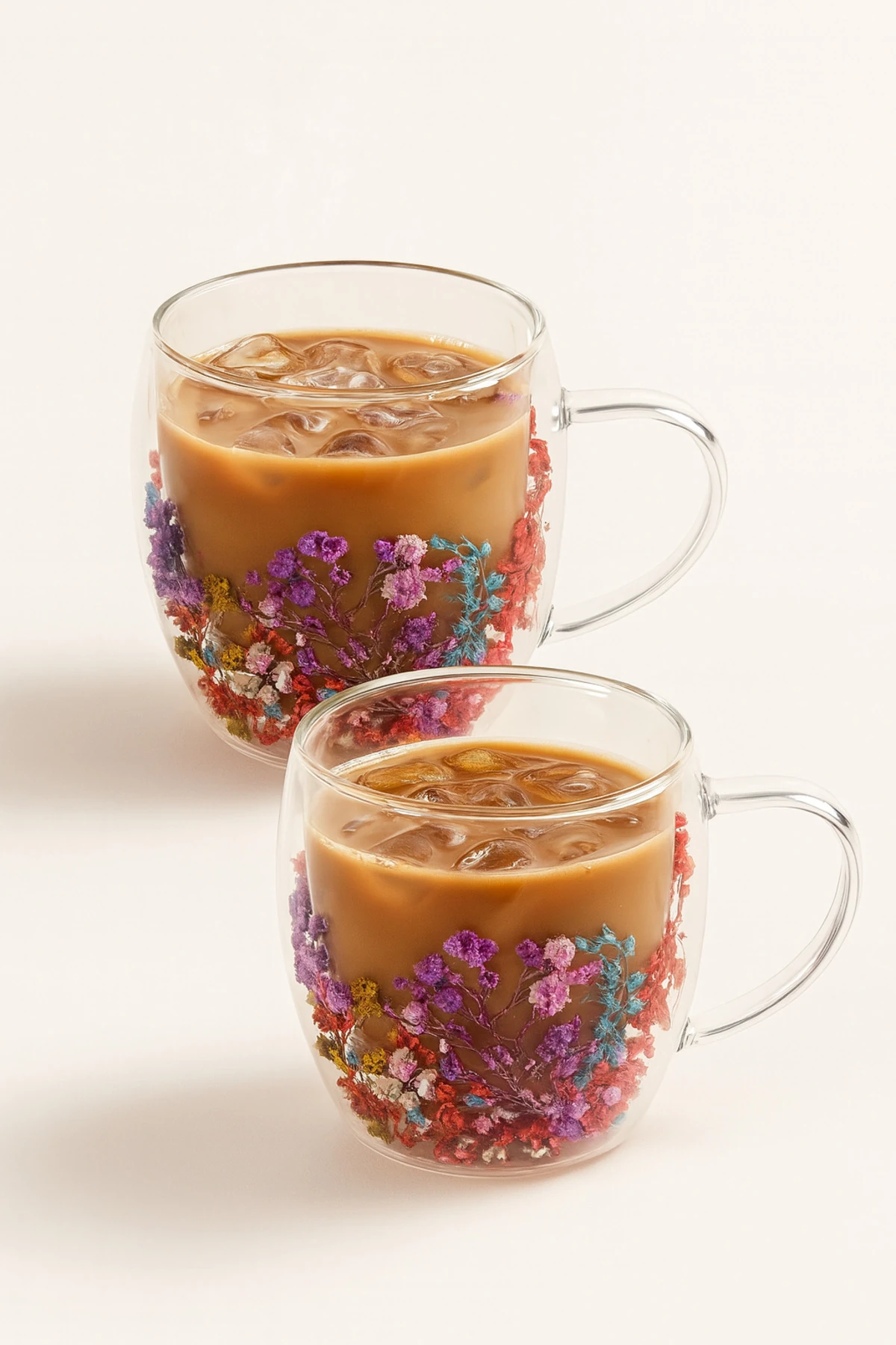 Çift Cidarlı 250 ml Kulplu Cam Kupa 2'li | Çiçekli Şeffaf Kahve ve Çay Bardağı