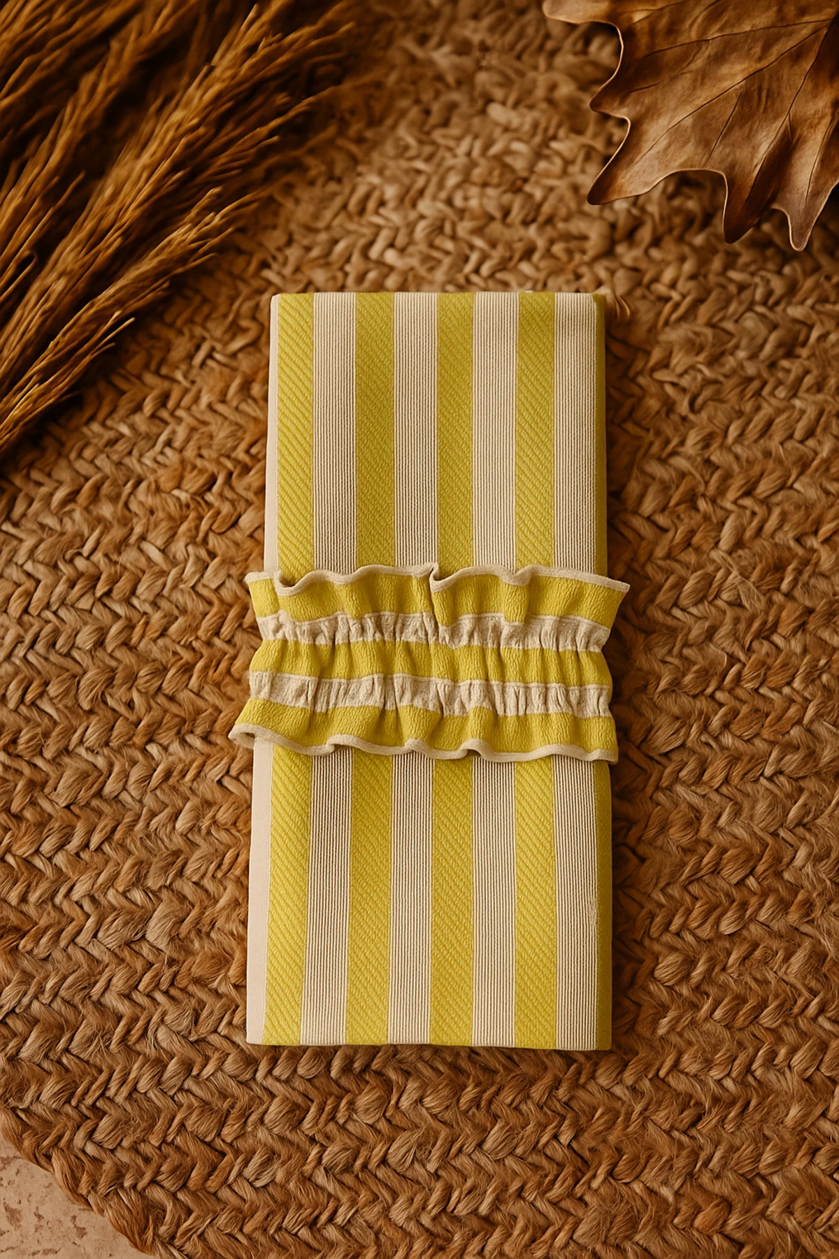 Çizgili Fırfırlı Kumaş Kaşıklık 2’li Set (Sarı / Pudra / Lacivert / Yeşil) - sarı