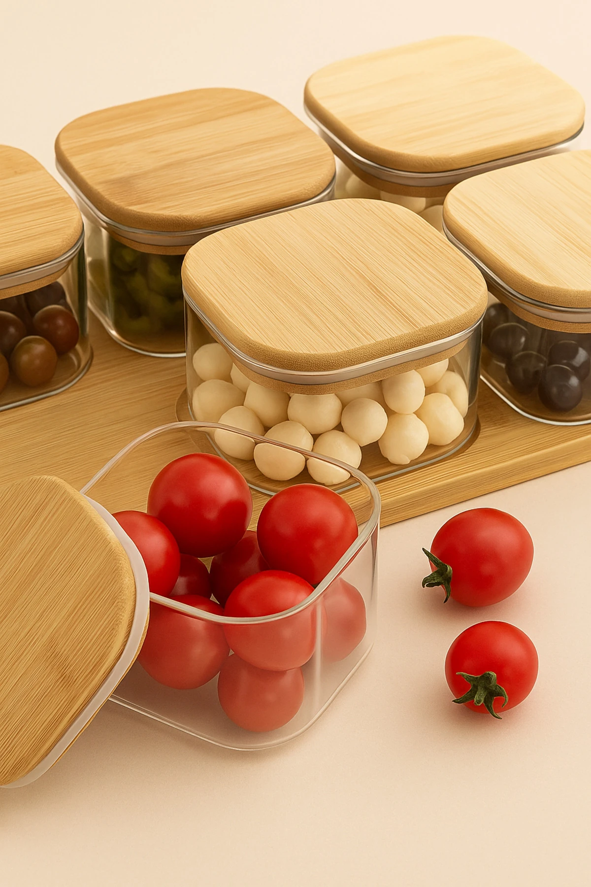 6’lı Bambu Kapaklı Cam Kahvaltılık Seti | Sızdırmaz Kapaklı Cam Saklama Kapları