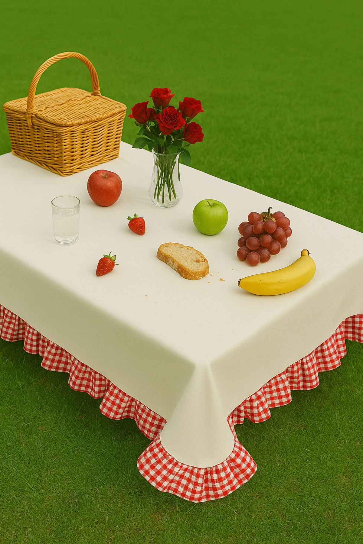Fırfırlı Kırmızı Beyaz Piti Kare Pamuklu Piknik Örtüsü