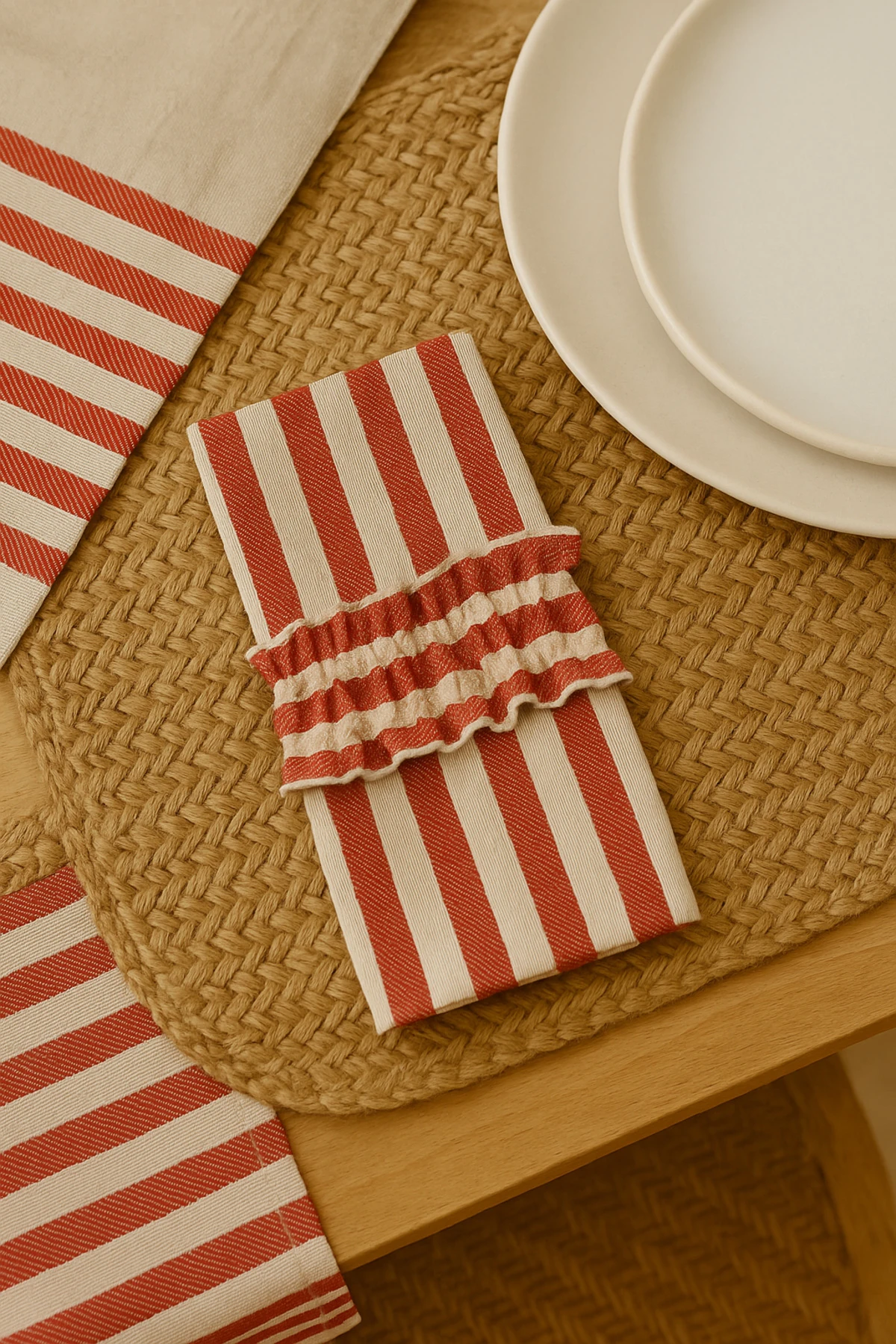 Kırmızı Çizgili Fırfırlı Kumaş Kaşıklık 2’li Set