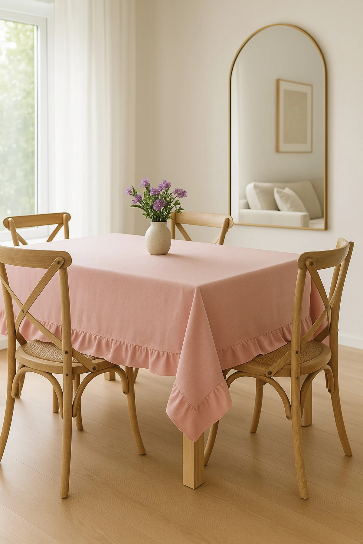 Fırfırlı Ham Keten Masa Örtüsü –  Fırfırlı Masa Örtüsü - pembe