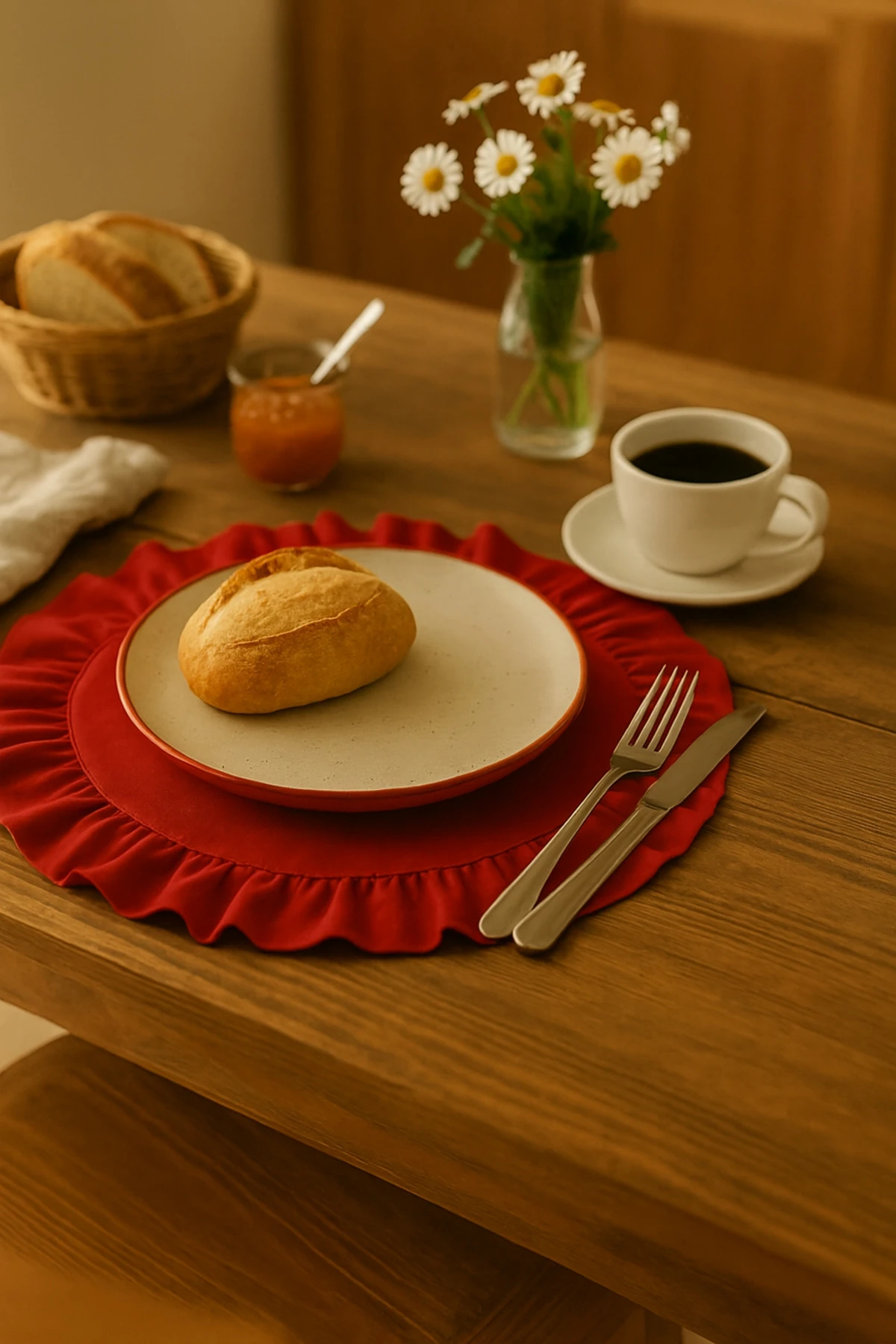 6'lı Kırmızı Fırfırlı Pamuk Keten Supla Seti | Amerikan Servis Takımı - kırmızı