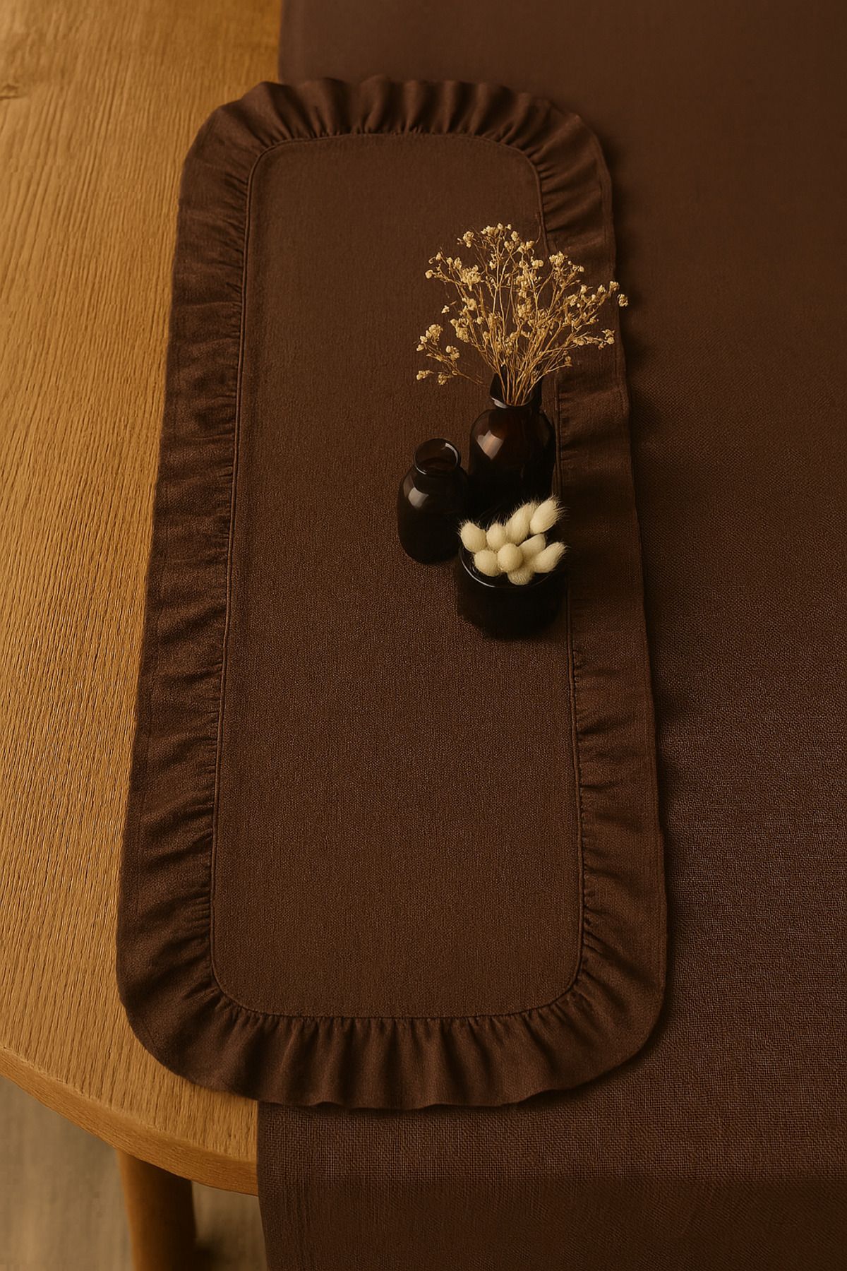 Fırfırlı Biyeli Keten Runner | Doğal Fırfırlı Runner - Sofra Dekorasyonu Için Şık Tasarım - Kahverengi