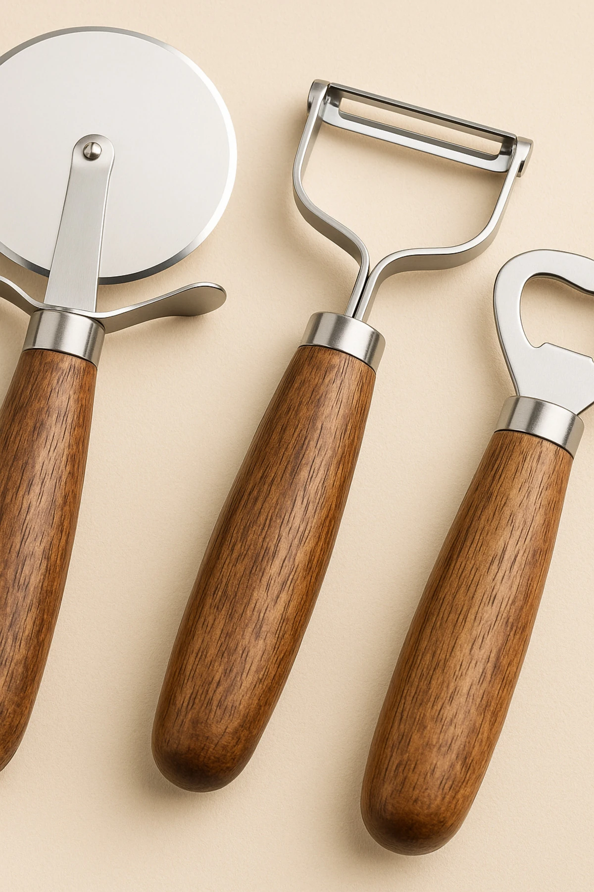 Akasya Saplı Paslanmaz 3’lü Mutfak Gereç Seti – Pizza Kesici, Soyacak, Şişe Açacağı