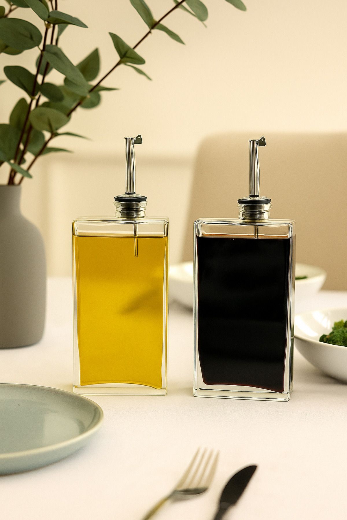 2’li 500 ml Gümüş Başlıklı Cam Yağdanlık Seti – Dikdörtgen Şeffaf Şişe