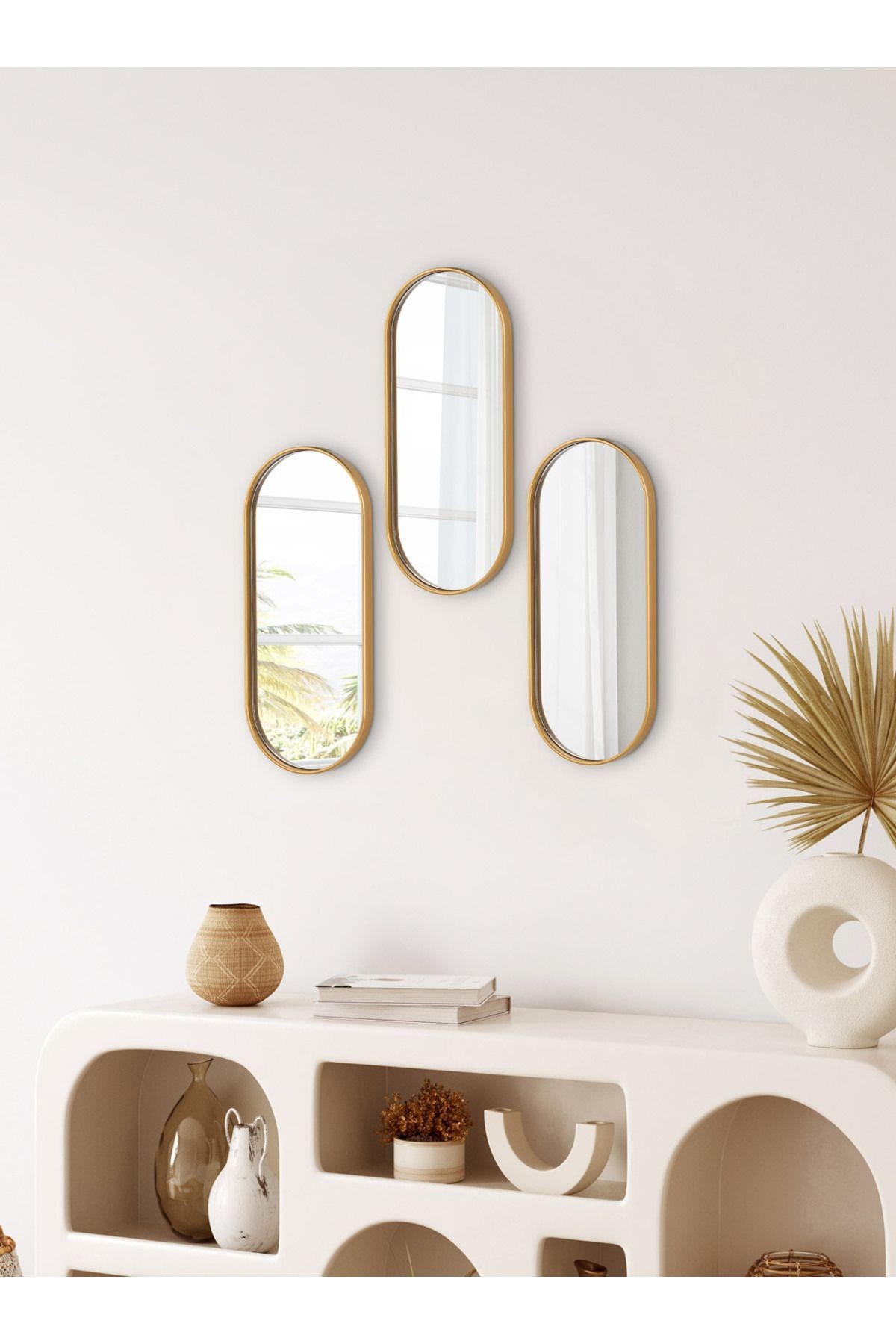 3 Adet Gold Oval Ayna Tepsi – Dekoratif Duvar Aynası & Takı Organizer 12x30