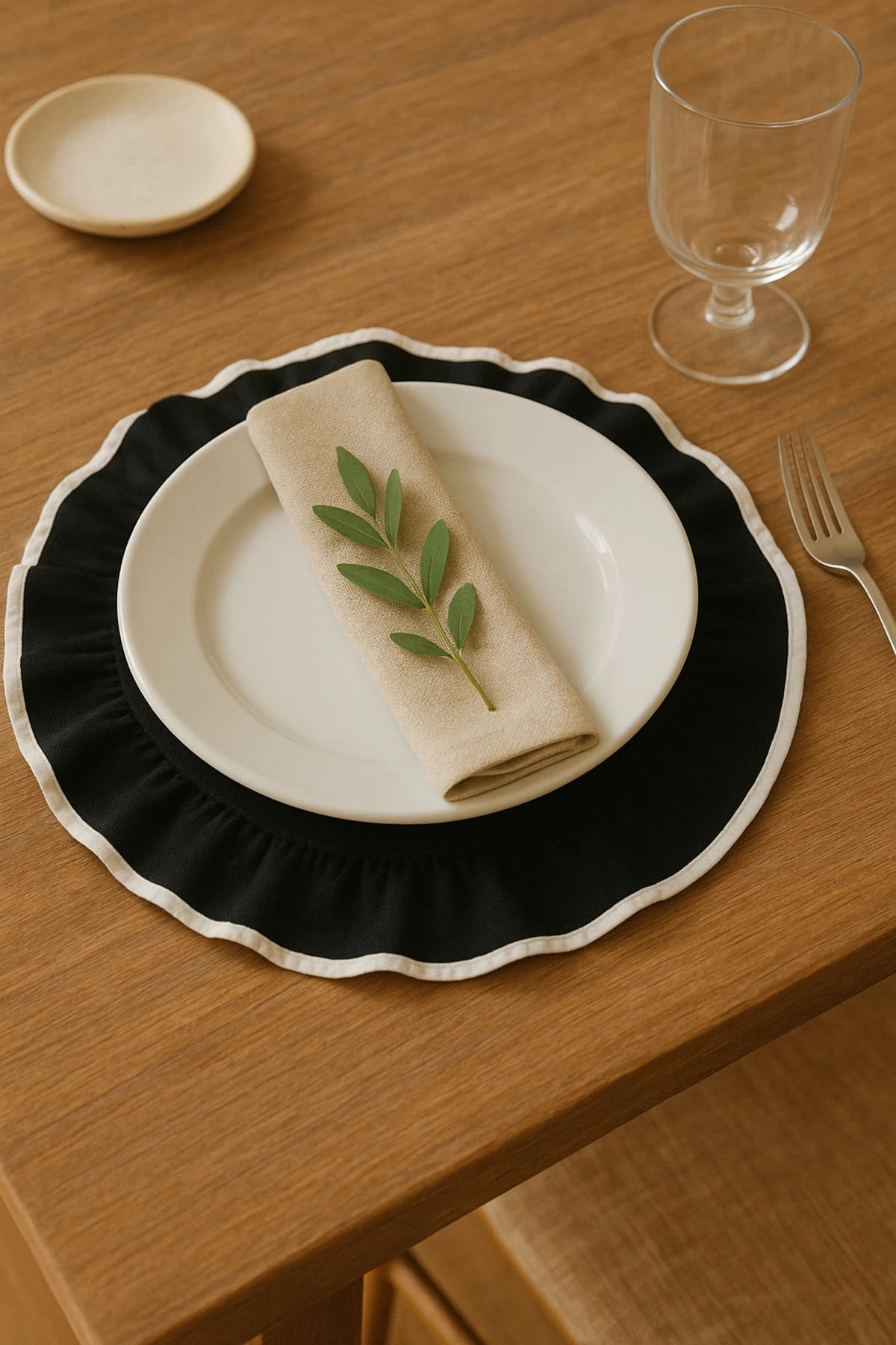 6'lı Yuvarlak Keten Amerikan Servis Seti – Beyaz, Siyah Biyeli Fırfır Kenar Tasarım - Siyah