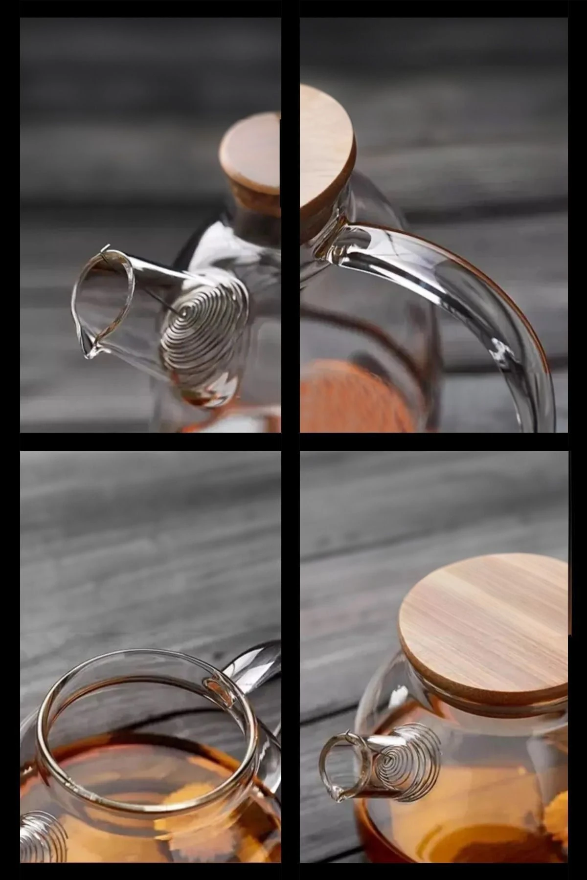 Ateşe Dayanıklı Bambu Kapaklı Süzgeçli Cam Bitki Çayı Demliği - 1500 ml