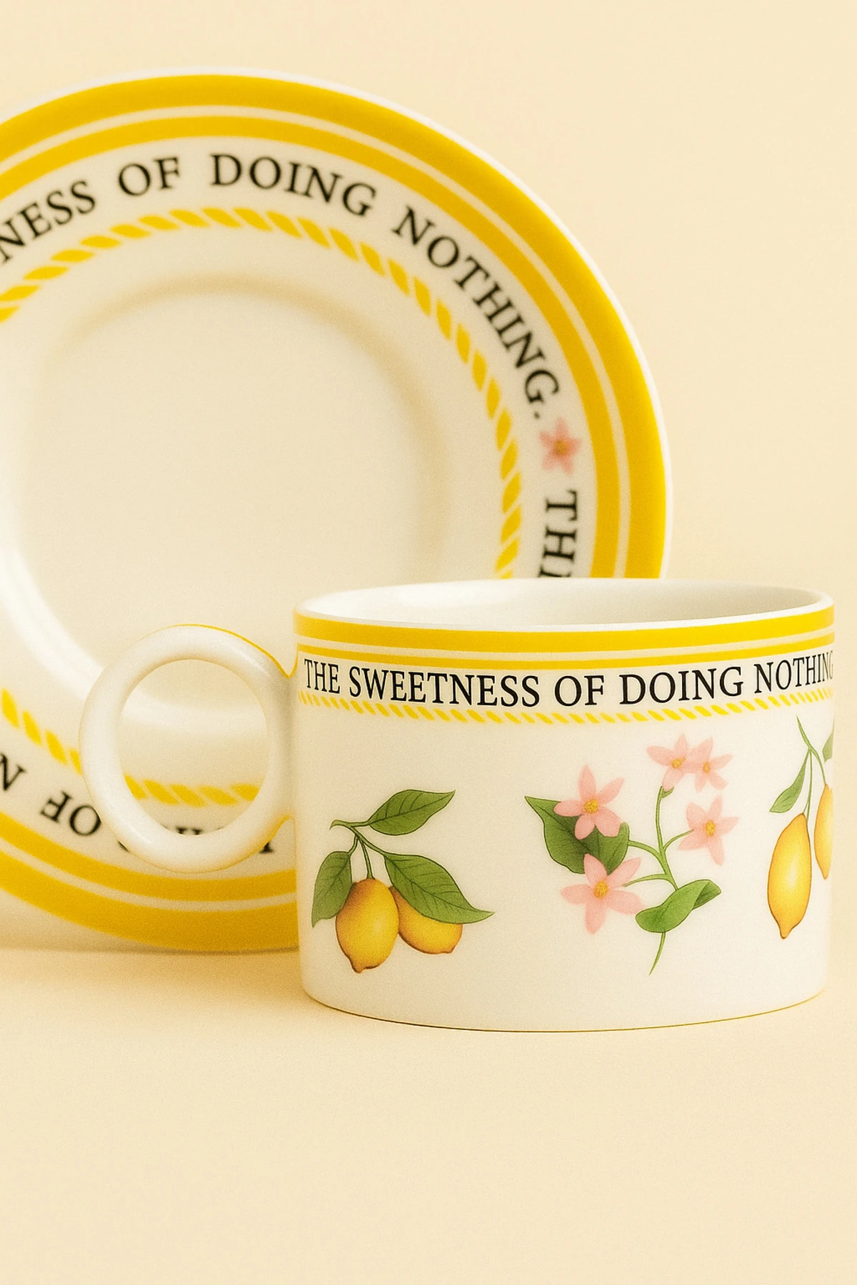 2'li Kiraz Desenli Porselen Kahve Fincanı ve Tabak Seti - sarı