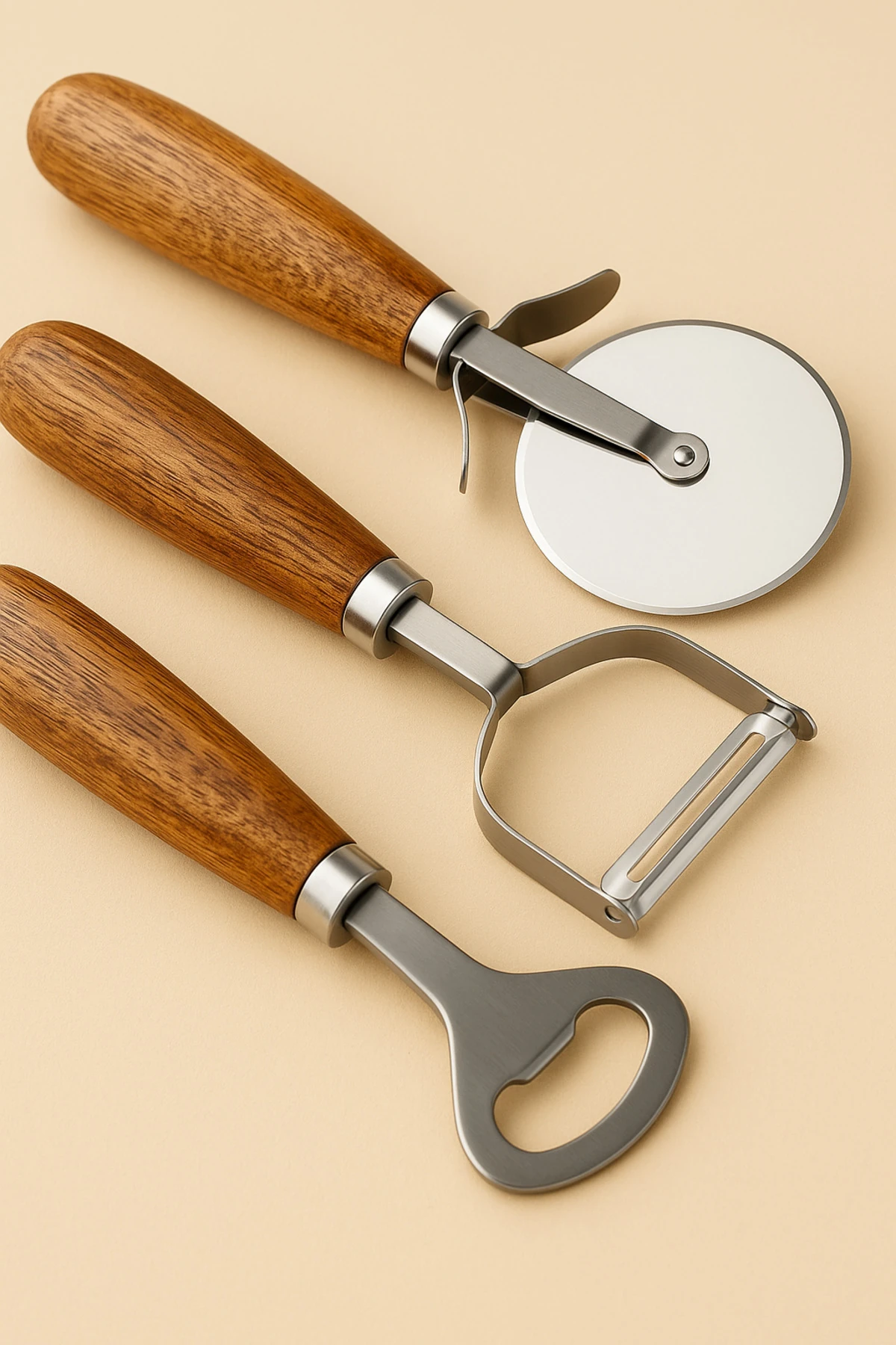 Akasya Saplı Paslanmaz 3’lü Mutfak Gereç Seti – Pizza Kesici, Soyacak, Şişe Açacağı