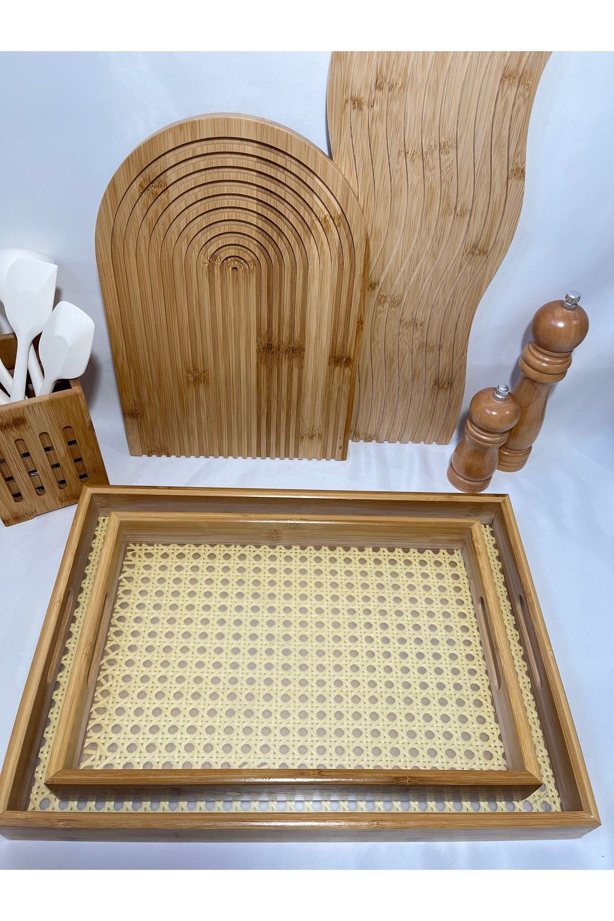 2 Parça Bambu Hazeran Tepsi Seti - Dekoratif Ve Şık Servis Tepsis