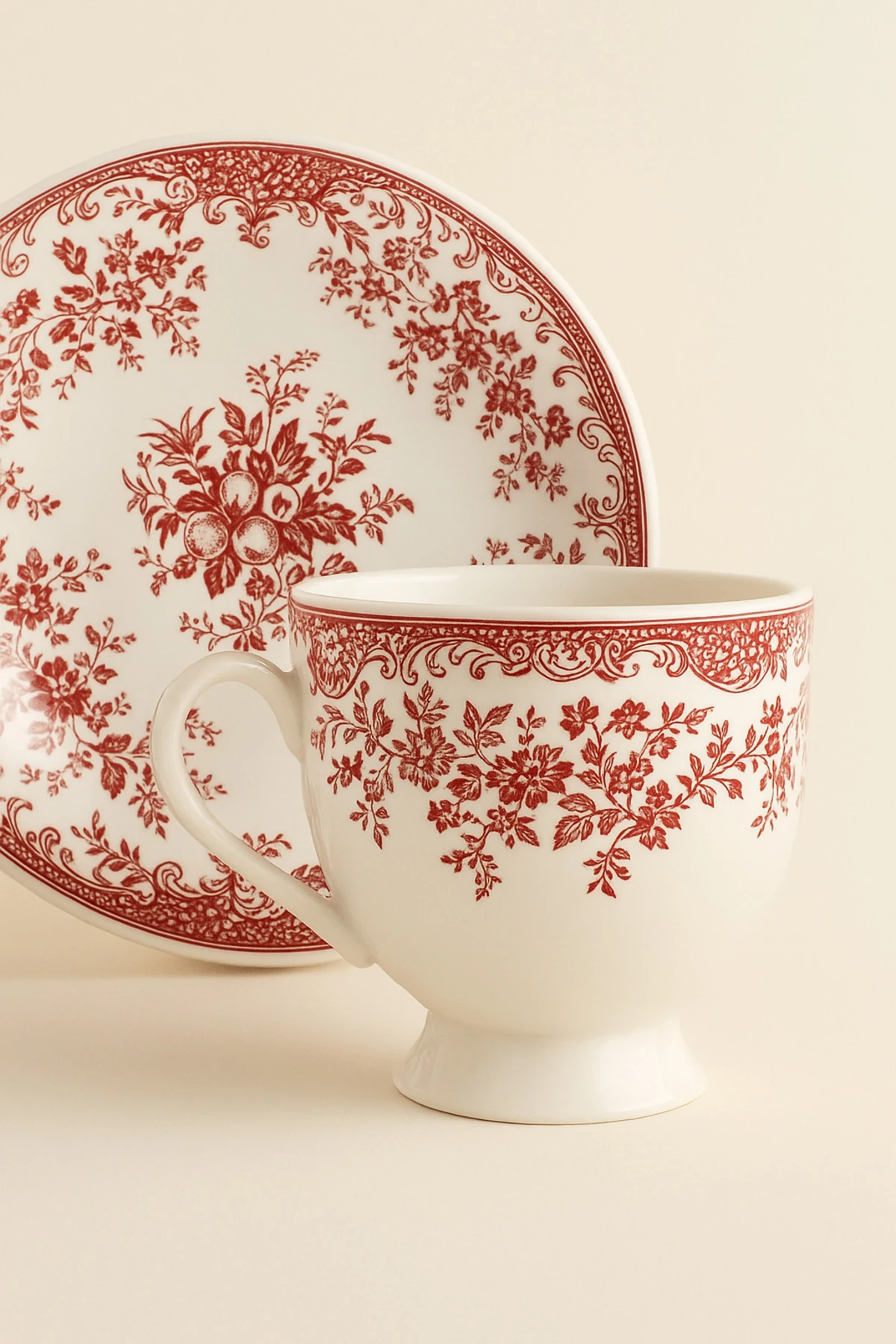 2’li Floral Desenli Porselen Kahve Fincanı ve Tabak Seti – Vintage Kahve Takımı - kırmızı