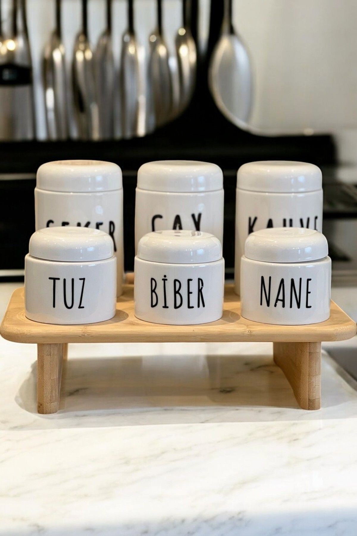 Bambu Standlı 6 lı Porselen Kavanoz Seti | Çay Kahve Şeker ve Baharatlık Kavanoz