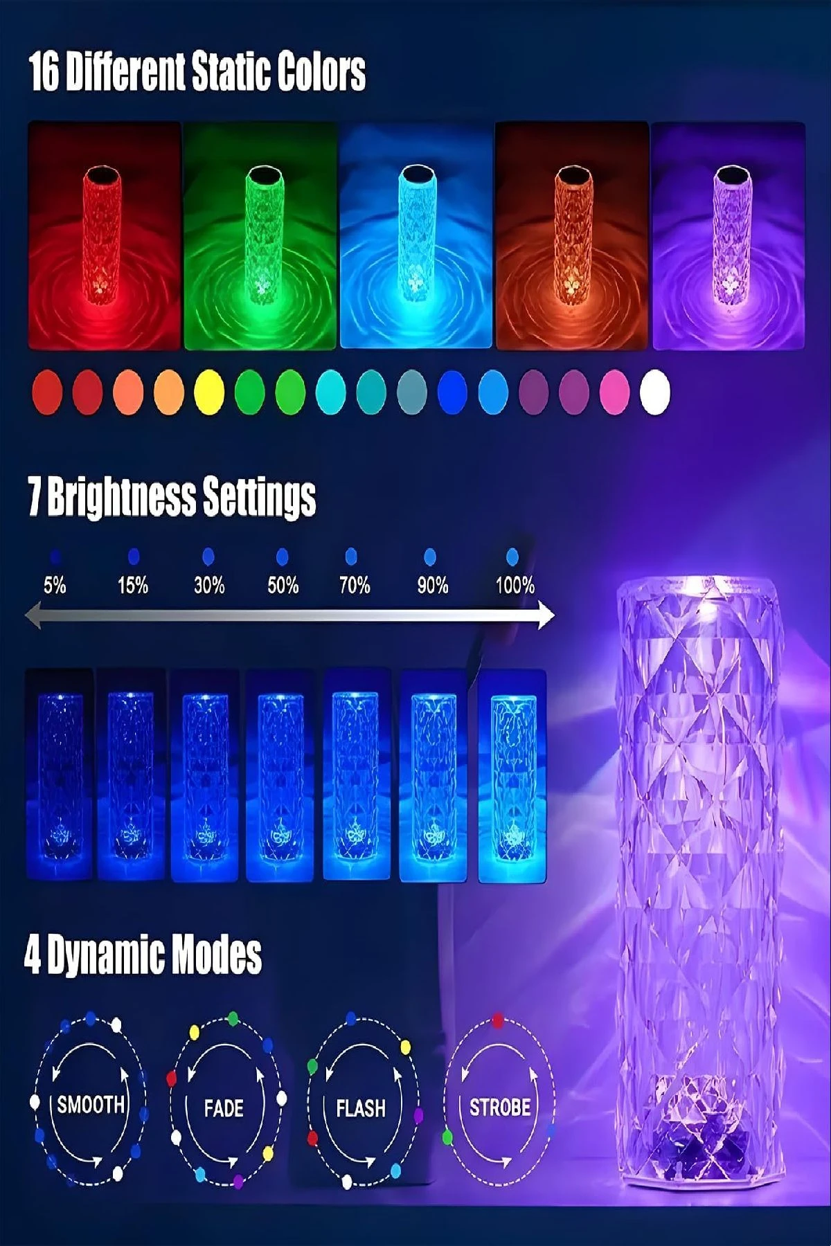 RGB Kristal Görünümlü Dokunmatik Şarjlı Masa Lambası – Renkli Işıklı USB LED Gece Lambası 2000 mAh