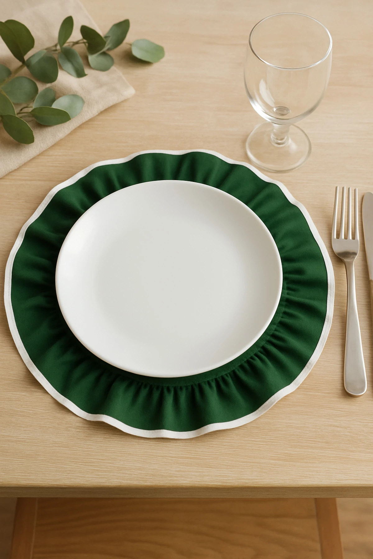 6'lı Yuvarlak Keten Amerikan Servis Seti – Beyaz, Siyah Biyeli Fırfır Kenar Tasarım - Yeşil